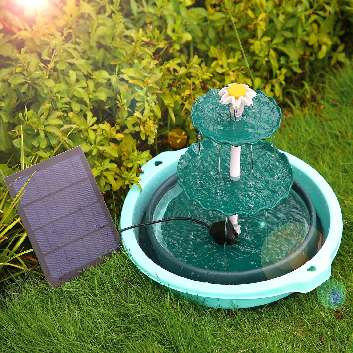 AISITIN Fuente DIY, juegos de bebederos para pájaros con fuente solar de 3,5W, alimentadores para pájaros de 3 niveles para exteriores, bebedero para pájaros y fuente solar desmontable adecuada para