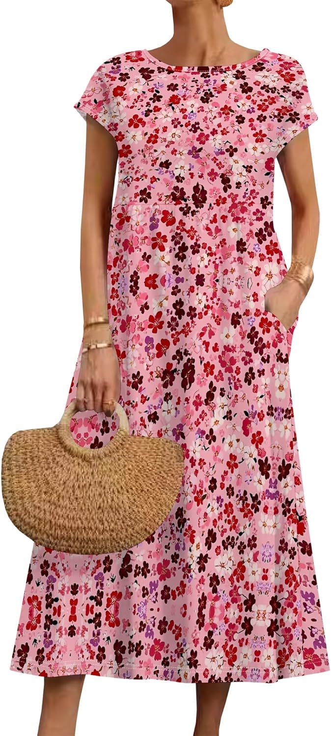 Cotton T Shirt Dresses for Women Cap Sleeve Crewneck Empire Waist Flowy Swing Summer Casual Long Maxi Smocked Dress