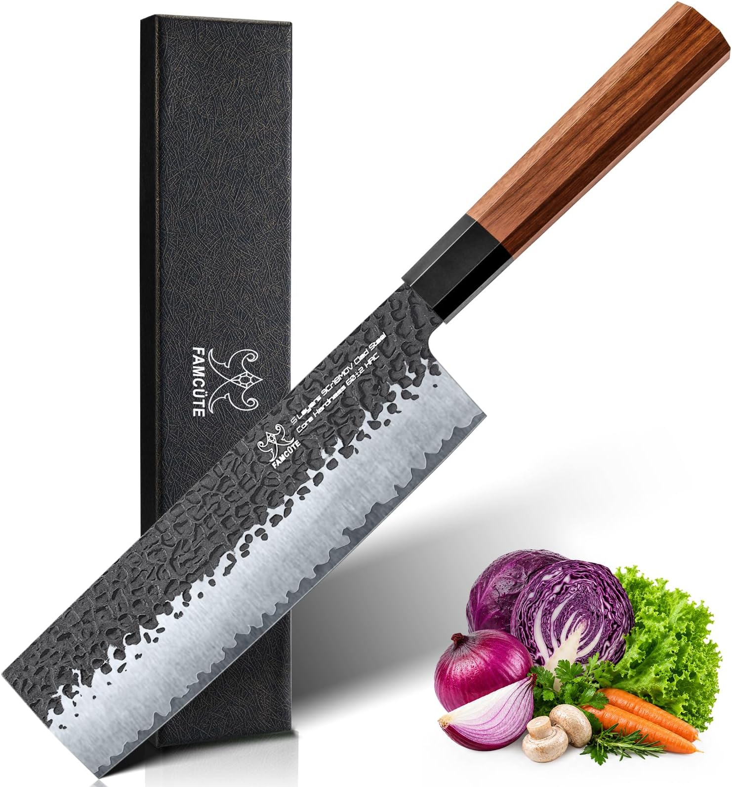 FAMCรTE 7 Inch Japanese Nakiri Knife, Hand Forged 5 Layers High Carbon 9CR18MOV Steel Rosewood Handle Chef Knife, Efficiency Cutting Professional Japanese Knife, A Thoughtful Fatherโs Day Gift for Men