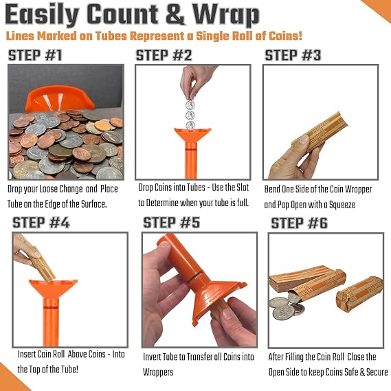 Coin Storage & Sorter Tubes 4 Color Coded Coin Counters Tubes and Assorted Coin Wrappers