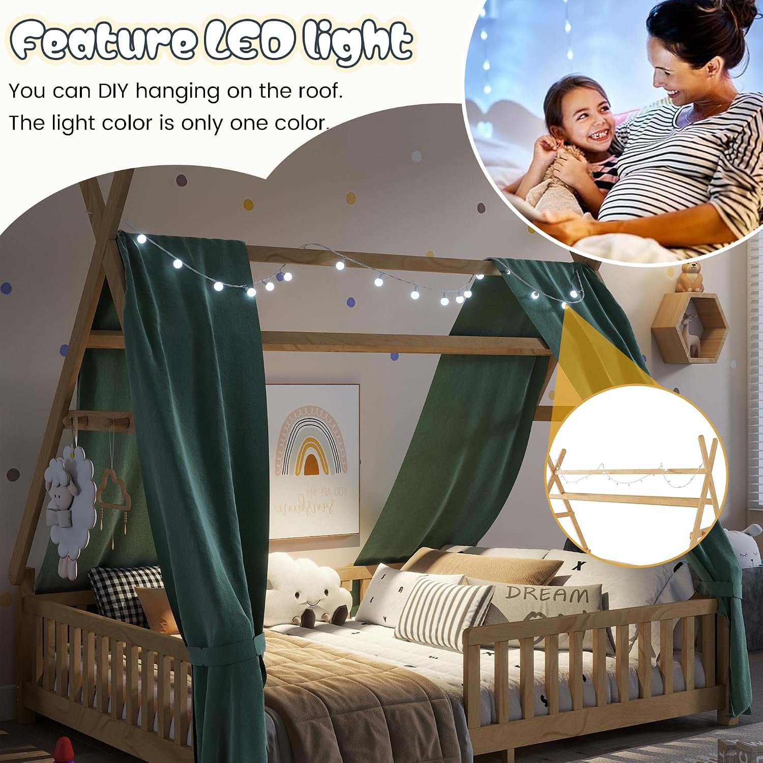 Montessori Bed Full Size with Light and Slats, Wood Teepee Floor Bed for Kids Boys Girls,House Bed Frame with Rails & Roof,No Box Spring Needed, Natural