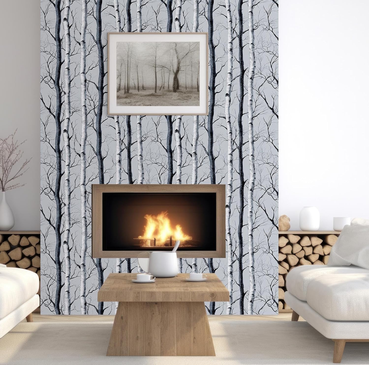 Monochrome Birch Tree Wallpaper – Modern Forest Peel and Stick Wallpaper, Self-Adhesive Vinyl for Nature-Inspired Home Decor, 17.7in x 236in