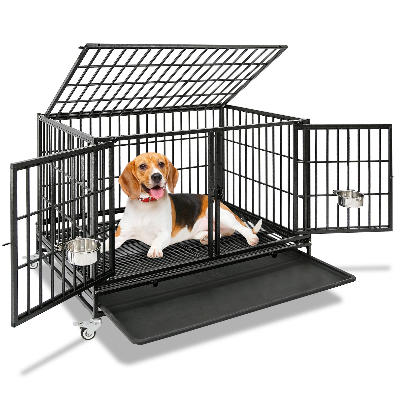 Homey Pet 43 Inch Dog Crate, Heavy Duty Stackable Dog Crate Cage Kennel for Medium Dogs with Divider, Bowls, 3 Door, Removable Grid & Tray, 4 Lockable Wheels, Breeding & Grooming Drop Cages for Dogs