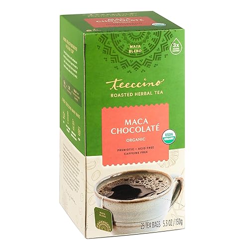 Teeccino Té de hierbas  Chocolate de maca  Maca peruana adaptogénica cacao achicoria prebiótico sin cafeína sin ácidos alternativa al café 25 bolsas disponible en Yaxa Guatemala