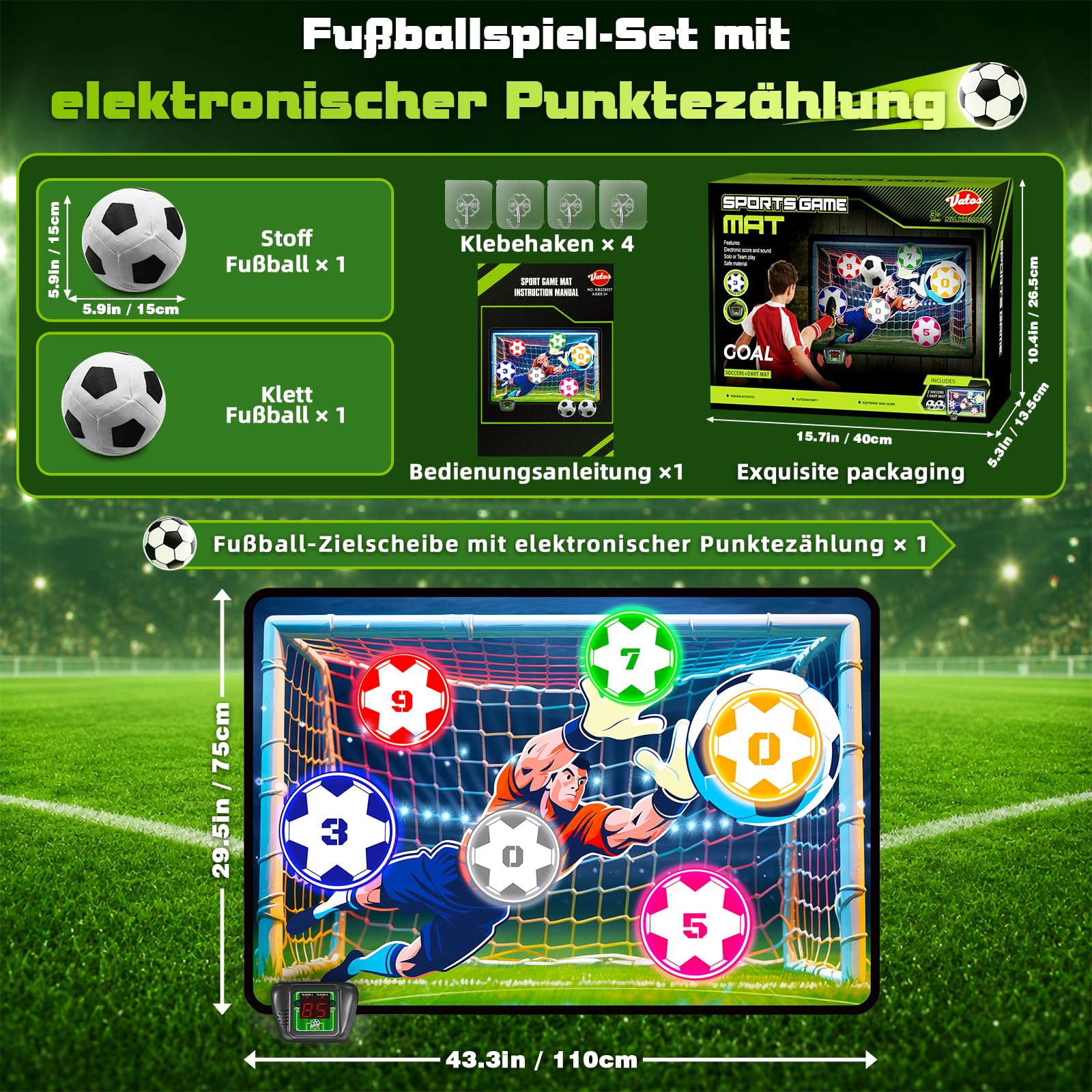 VATOS Elektronische Fußball Torwand für Kinder - Klettball Spielzeug Geschenke für Jungen & Mädchen 5 6 7 8 9 Jahre, Indoor/Outdoor Sportspielzeug Set mit Automatischer LED-Punktzählung & Sound