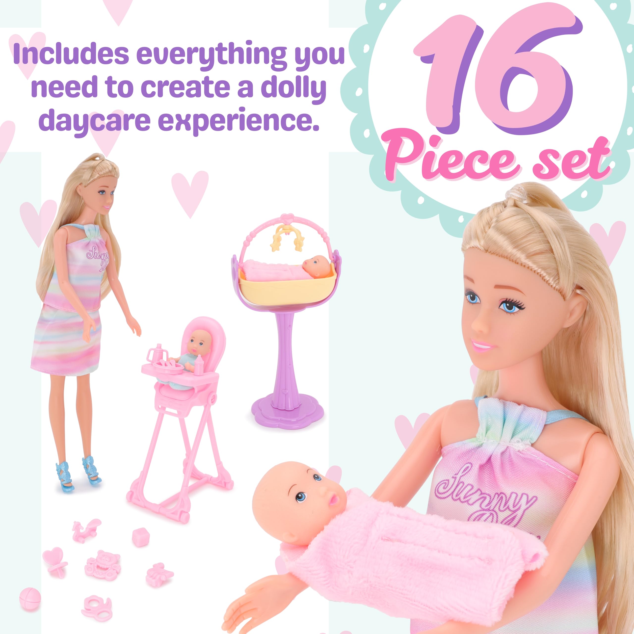 Toyland® Twin Baby Care Fashion Doll Playset - 1 Doll, 2 Babies, 1 Rocking Cot, 1 High Chair & 11 Accessories Included - Girls Toys - Image 3