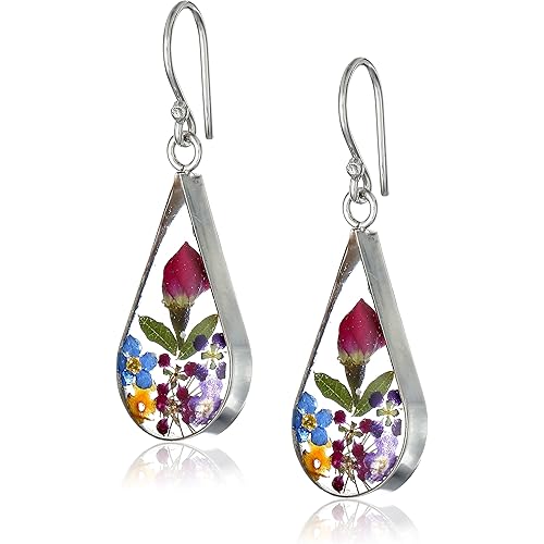 Amazon Collection Sterling Silver Pressed Flower Teardrop Earrings