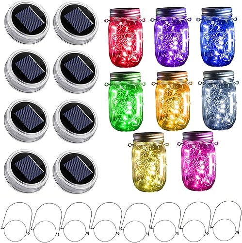 StarryMine Luces solares mejoradas para frascos, paquete de 8 unidades, 10 LED, impermeables, para frascos de luciérnaga, luces con ganchos (tarros