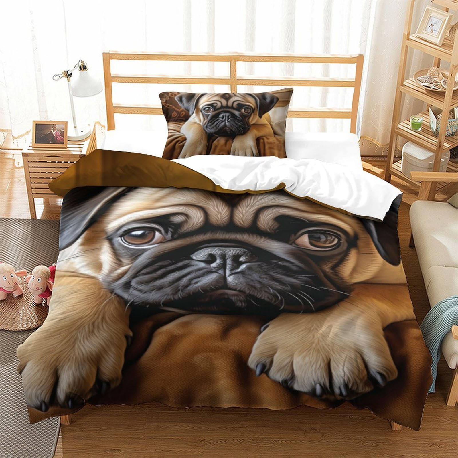 Housse de couette bouledogue français au design imprimé 3D avec taie d'oreiller assortie