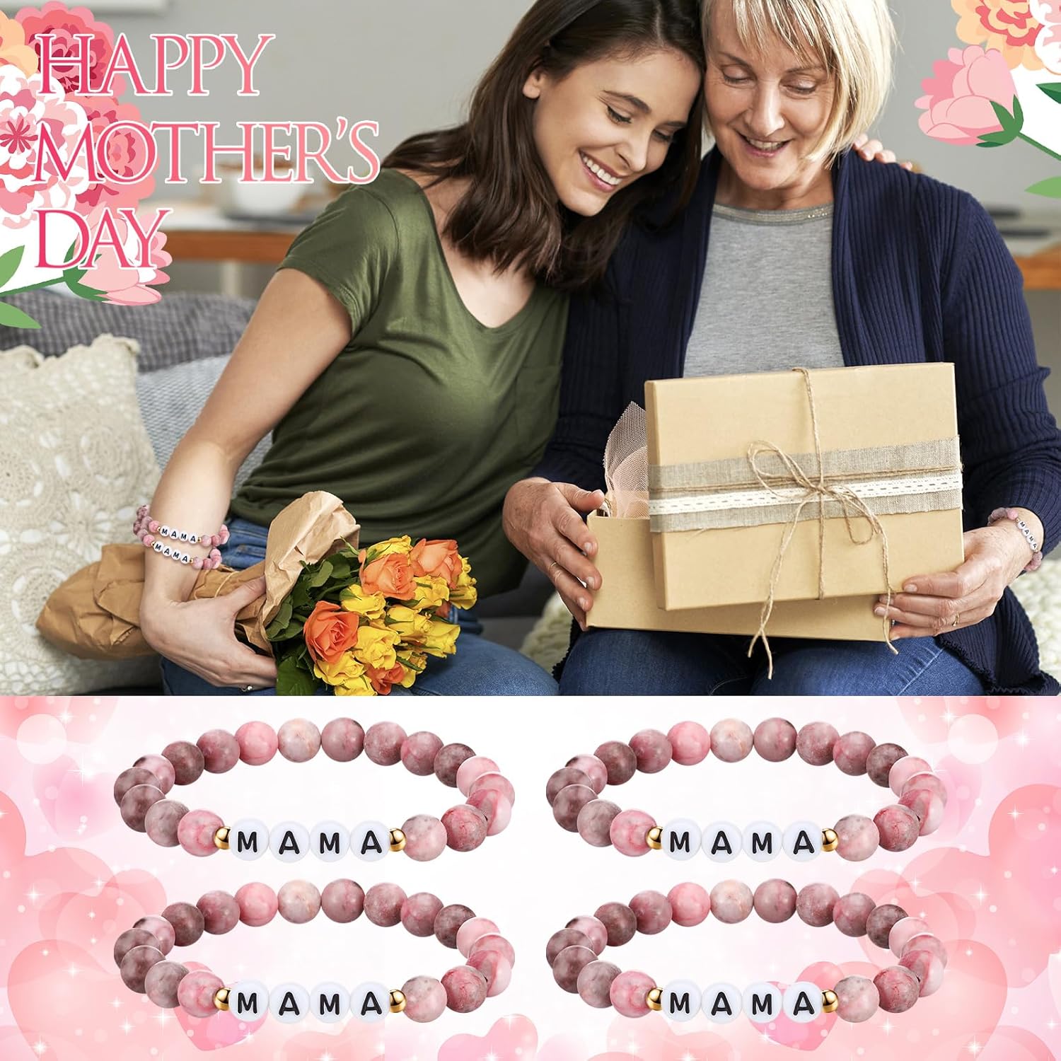 Tondiamo 12 Pack Mama Bracelets Gift Bulk Natural Stone Clay Beaded Stretch Bracelets Mother's Day Party Favors Pink Jewelry for Church Gifts for Women Mom Grandmom Accessories