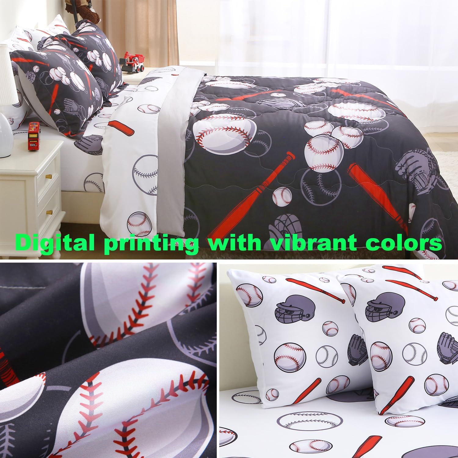 Baseball 7 Piece Bedding Set Sports Theme Twin Size Kids Boys Softball Comforter Set for Boys Kids Microfiber Comforter All Season (1 Comforter, 1 Flat Sheet, 1 Fitted Sheet, 4 Pillowcase) - Image 5