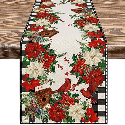 AnyDesign Camino de mesa navideño a cuadros de Navidad cardenal de flor de pascua, cubierta de mesa de cocina, decoración de mesa de comedor para