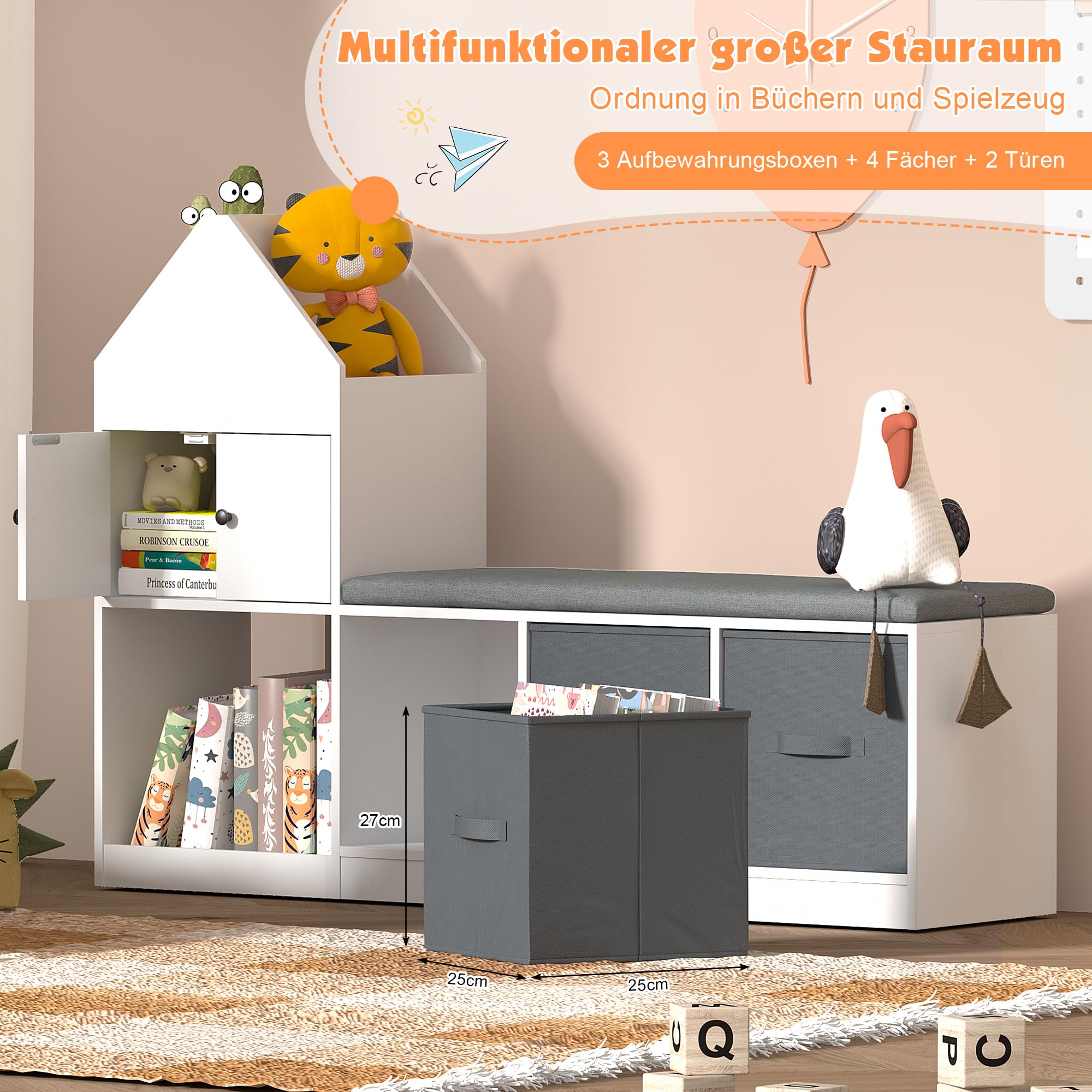 KEEPREAPER Kinderregal mit Kissen, Kinder Sitzbank mit 3 Aufbewahrungsboxen & 3 Fächer, Kinder Bücherregal, Spielzeugregal aus Holz, Aufbewahrungsregal für Kinderzimmer, 116x30x80cm, Weiß und Grau