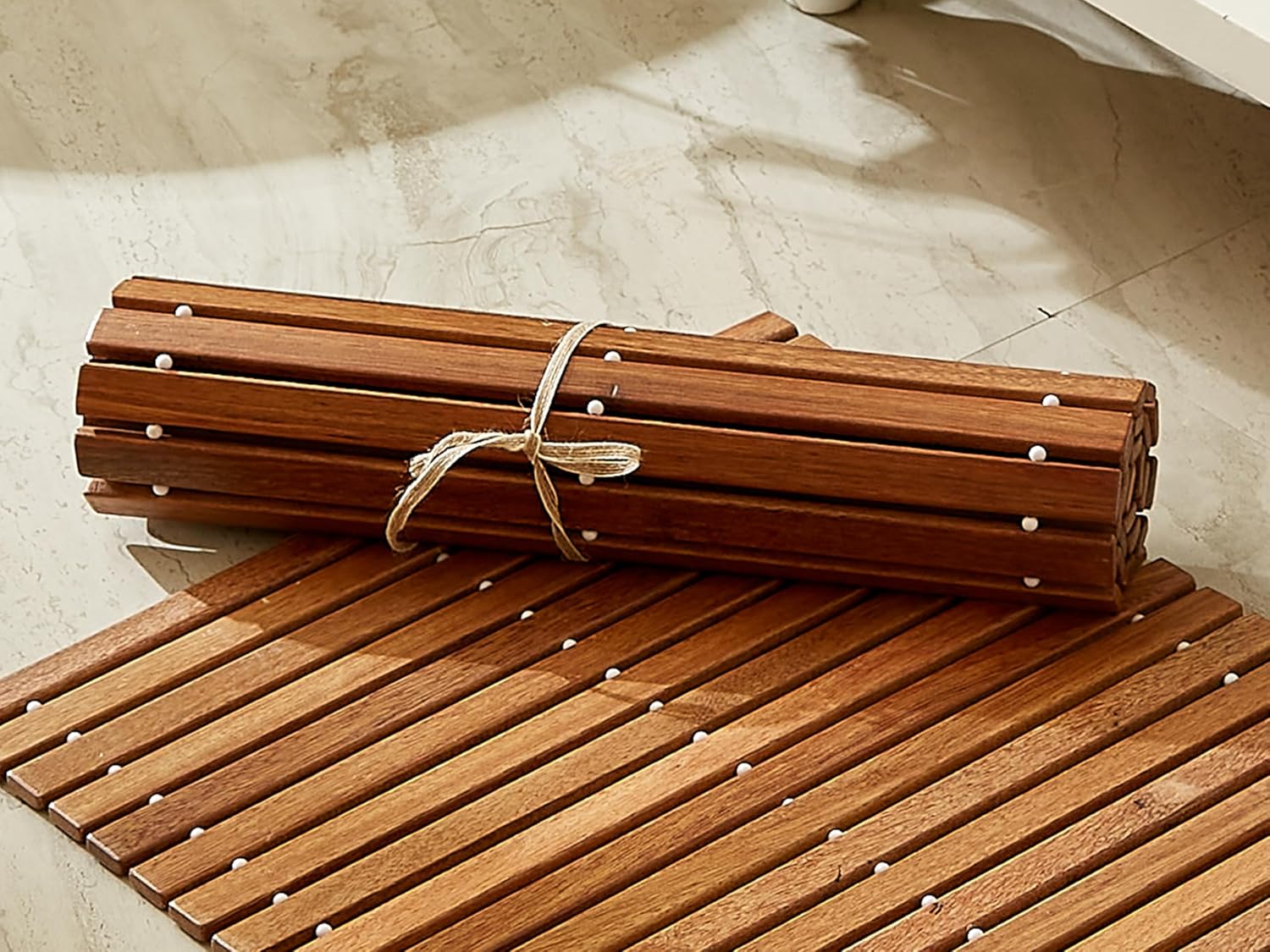 Teak Handwoven Shower Mat (24" L x16 W), Bathroom Anti-Slip Solid Wood Bath Mat, Quick-Drying Tub Mat, Suitable for Bathtubs, Saunas, Pools, and Spas