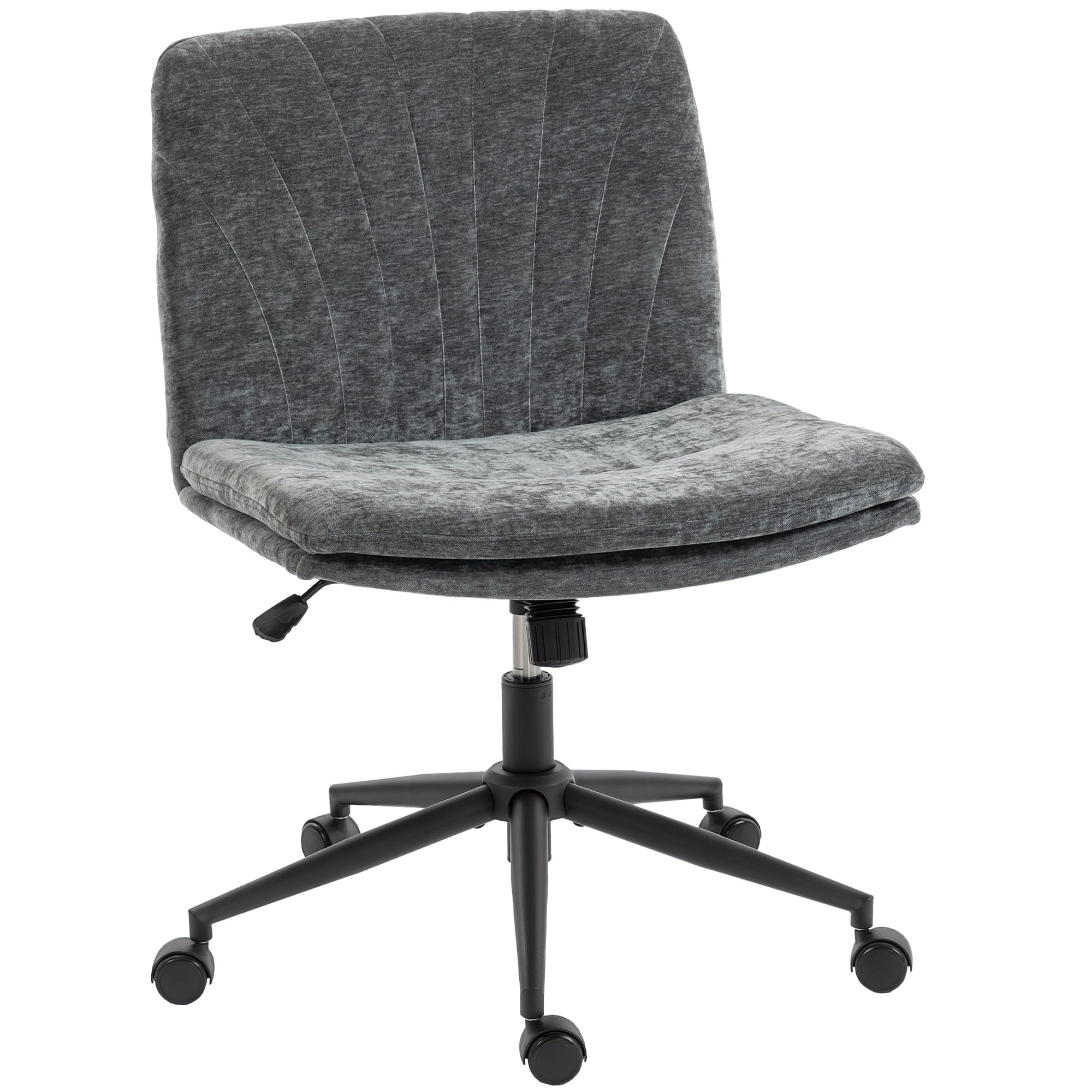 HOMCOM Silla de Oficina Piernas Cruzadas, Silla de Escritorio con Asiento Ancho, sin Reposabrazos, Ruedas, Altura Ajustable, Giratoria, Función Basculante, Tapizada en Chenilla, Gris