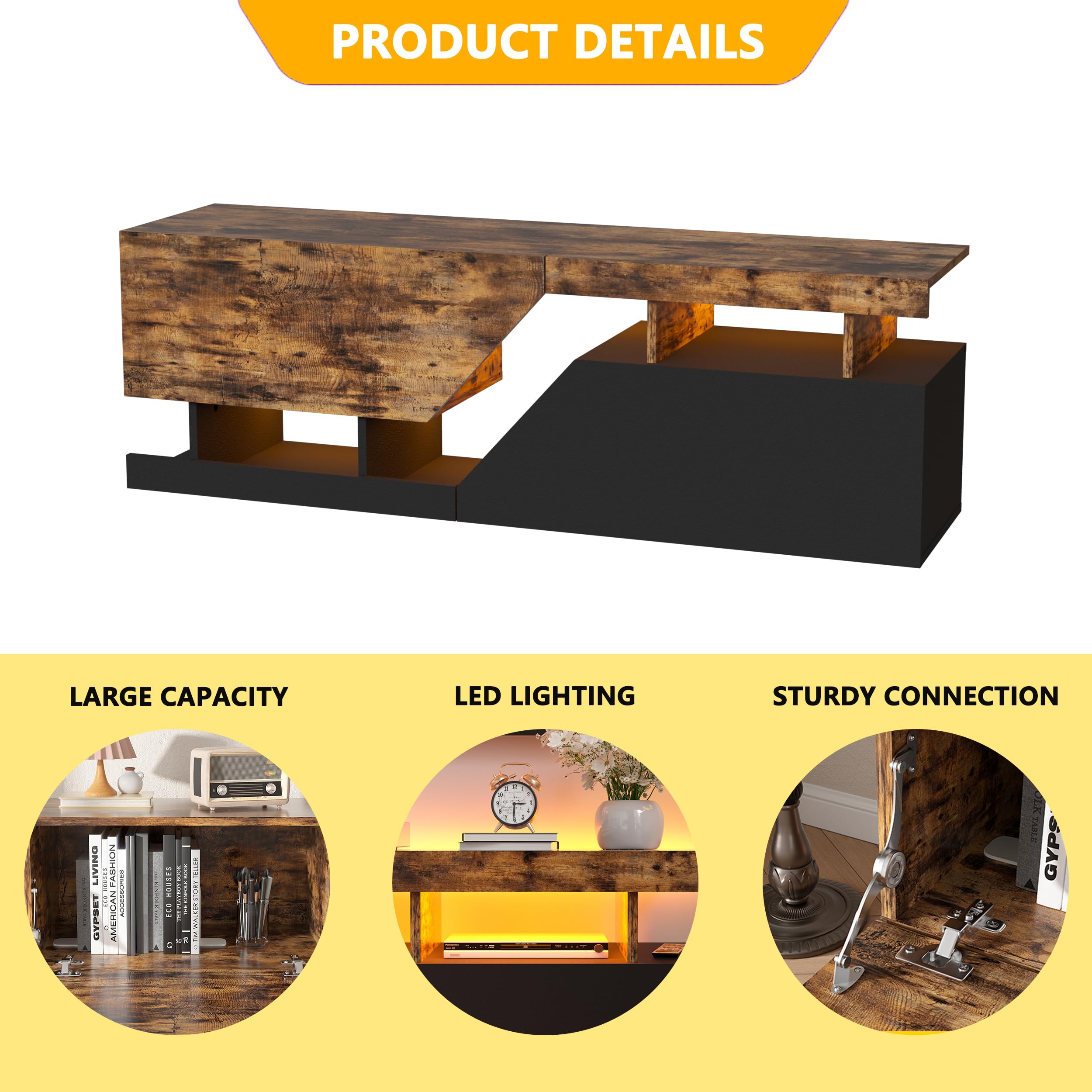 Mobile TV con Luci LED a 2 porte Mobile per TV Tavolino Basso Tavolino Porta TV fino a 65 Pollici Armadio Moderno per TV Mobile Porta TV per soggiorno, sala da pranzo, camera da letto 140cmX35cmX44cm