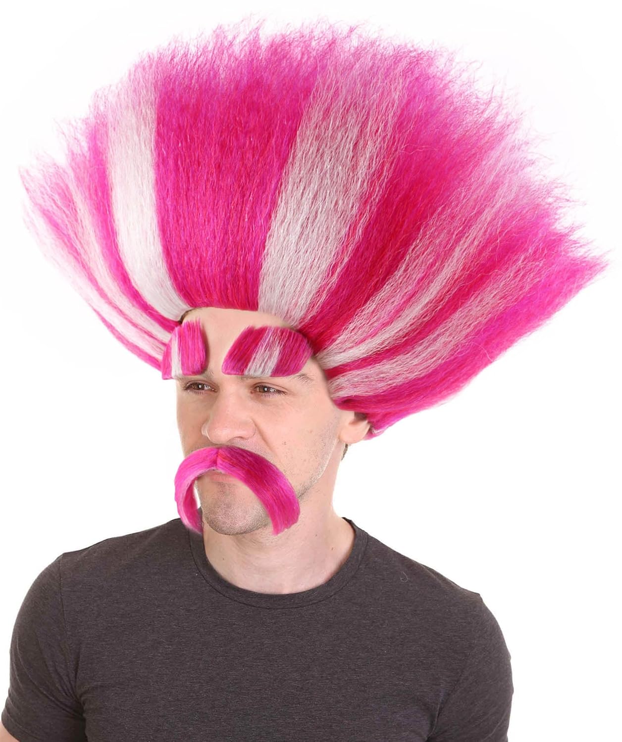 Troll King Wig with Eyebrows and Mustache, Men's Halloween Cosplay for Adults - White & Pink