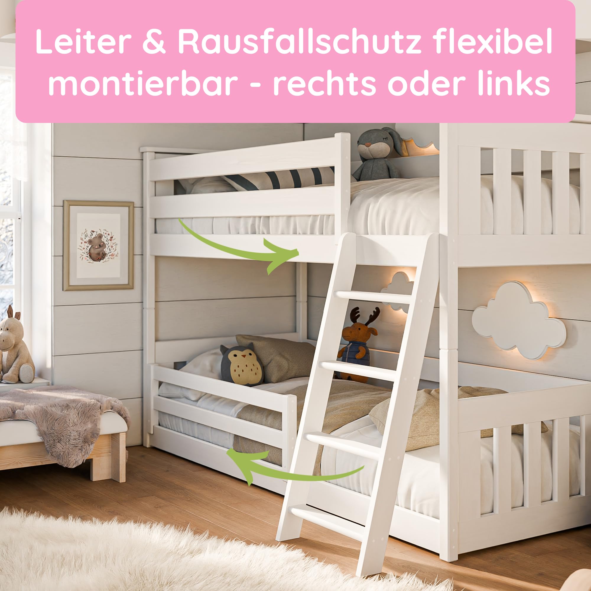 Kids Collective Hochbett 90x200 cm mit Rausfallschutz & Zwei Lattenroste in weiß Mädchen Jungen Bett Kinderbett Jugendbett 90x200 cm | von 4. bis 18. Lebensjahr