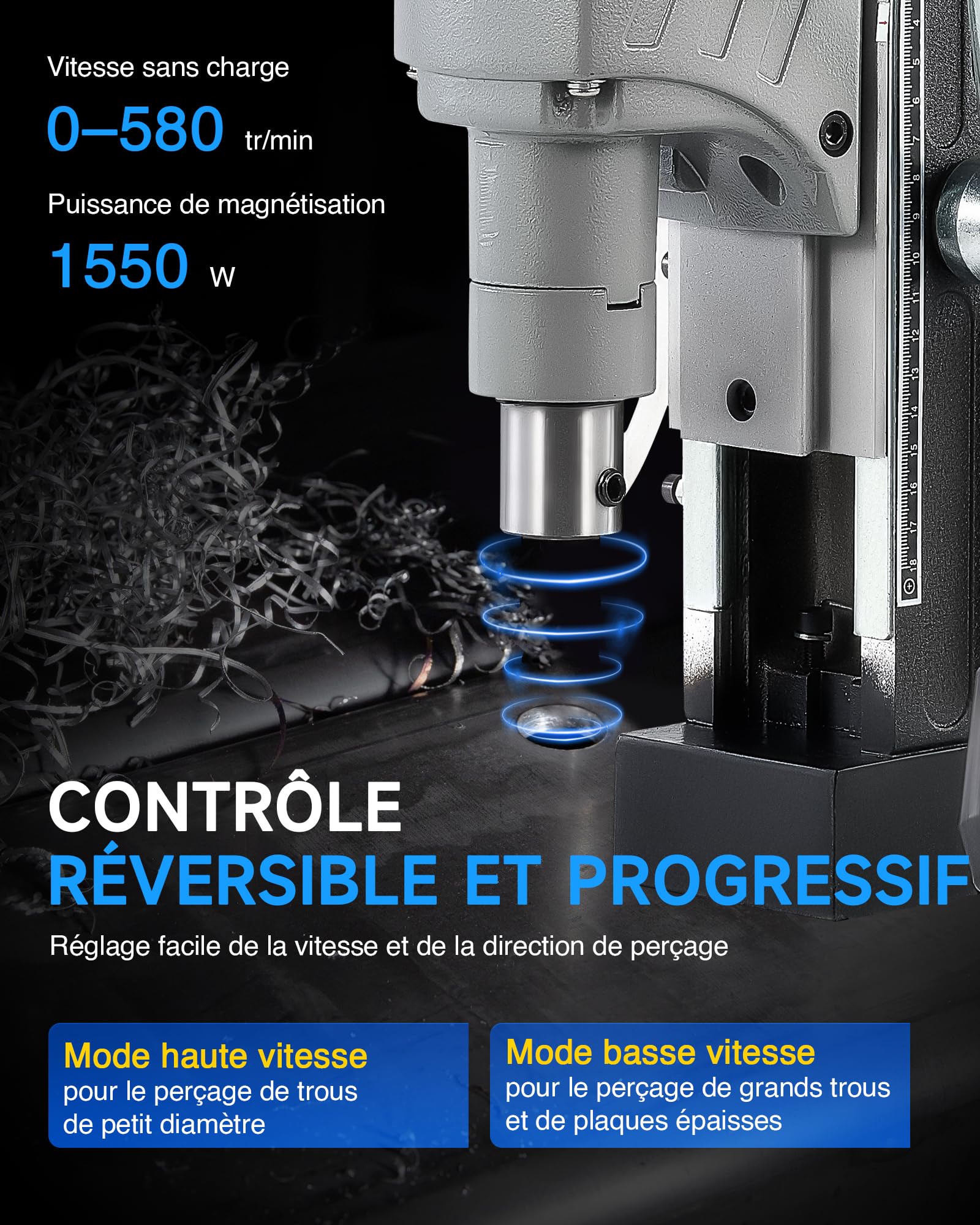 ZELCAN Perceuse Magnétique avec 11 Forets Perceuse à Colonne Électrique Portable 1550W 13000N 580 tr/min Max. Diamètre d'Alésage 50mm Max. Profondeur d'Alésage 50mm