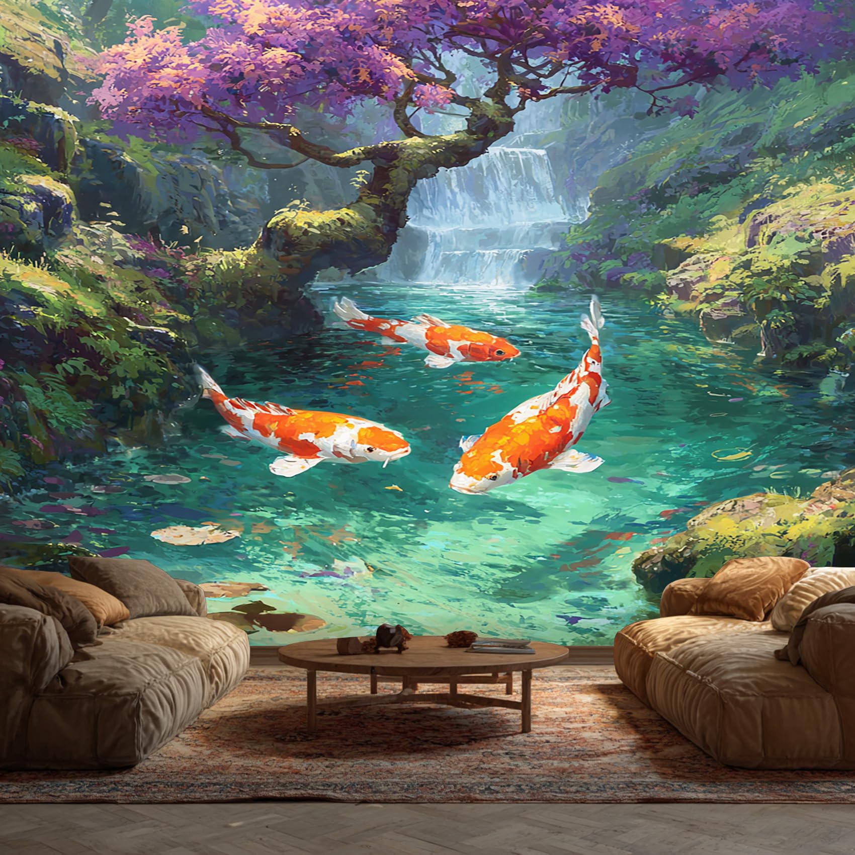 Japanese Koi Fish Wallpaper - Carp Asian Waterfall Wall Mural - Wall Murals for Living Room Bedroom - Photo Wallpaper & Home Decor Art - 350 x 256 cm A-6143
