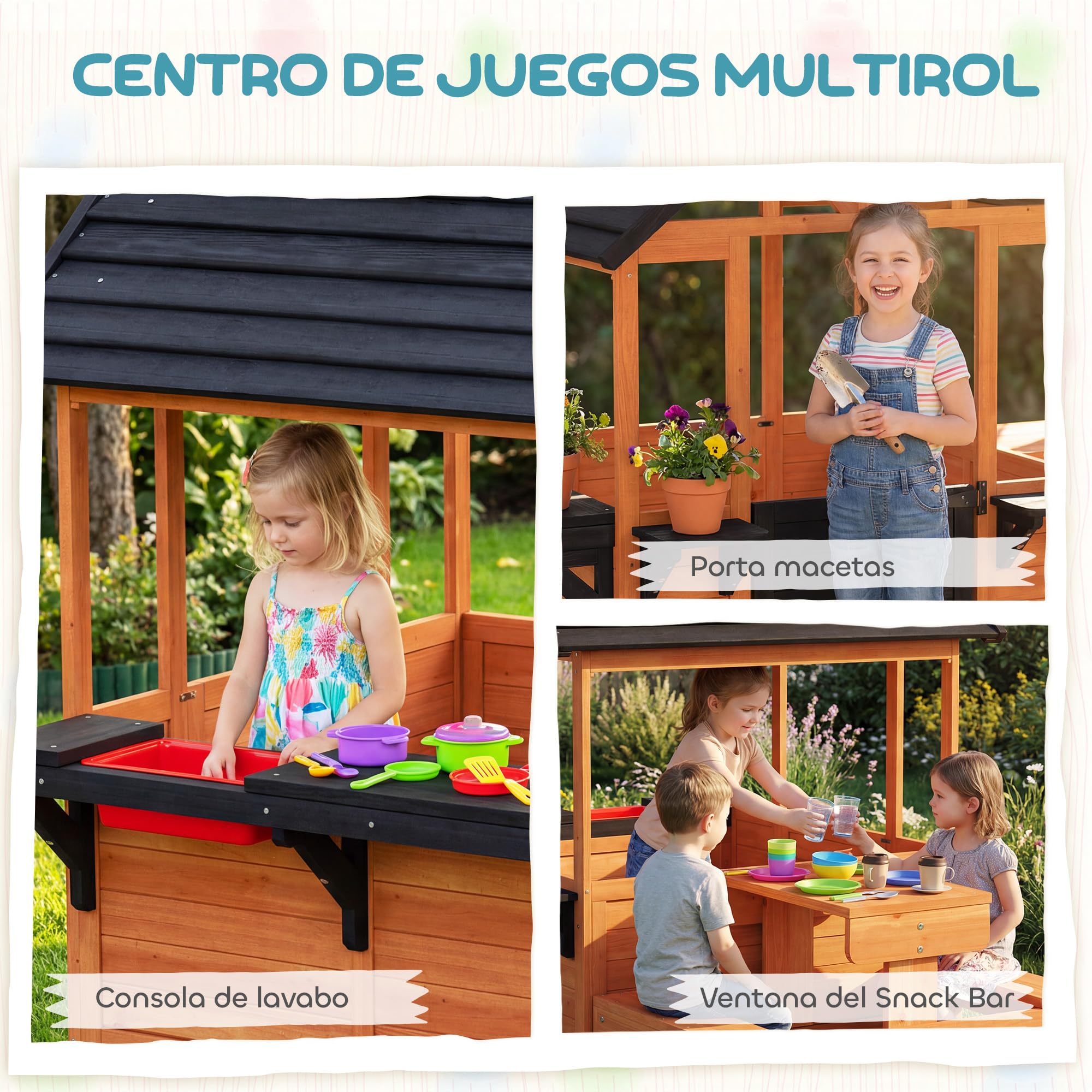 AIYAPLAY Casita Infantil Exterior e Interior de Madera, Casita Infantil con Barra de Snack, Mesa de Picnic y Bancos, Fregadero, Maceteros, Ventanas, Cocina Juguetes para Niños 3-8 Años, Marrón Claro
