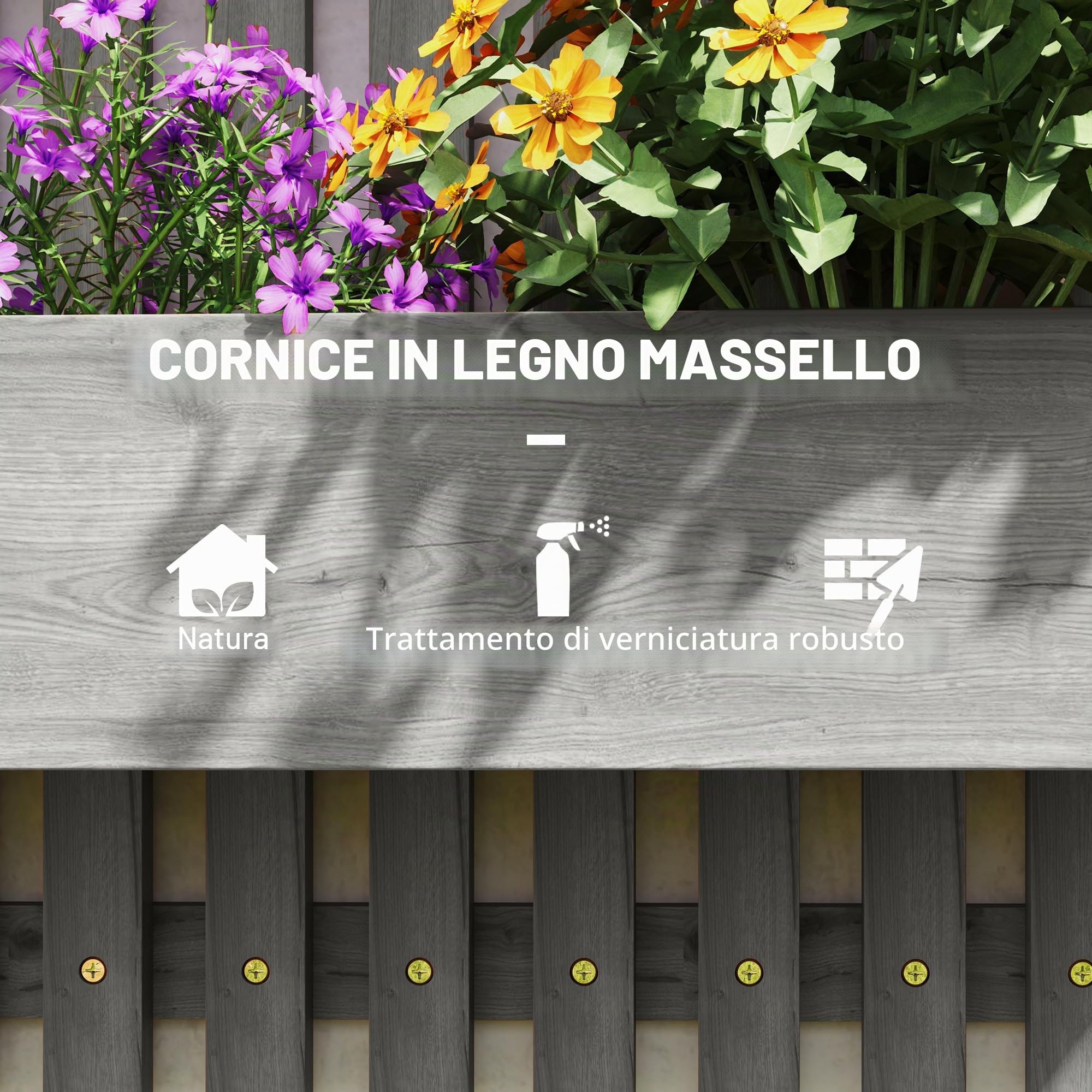 Outsunny Fioriere da giardino in legno da parete con traliccio, Grigio | Fori di drenaggio, 3 fioriere mobili, letto rialzato da parete per patio esterno