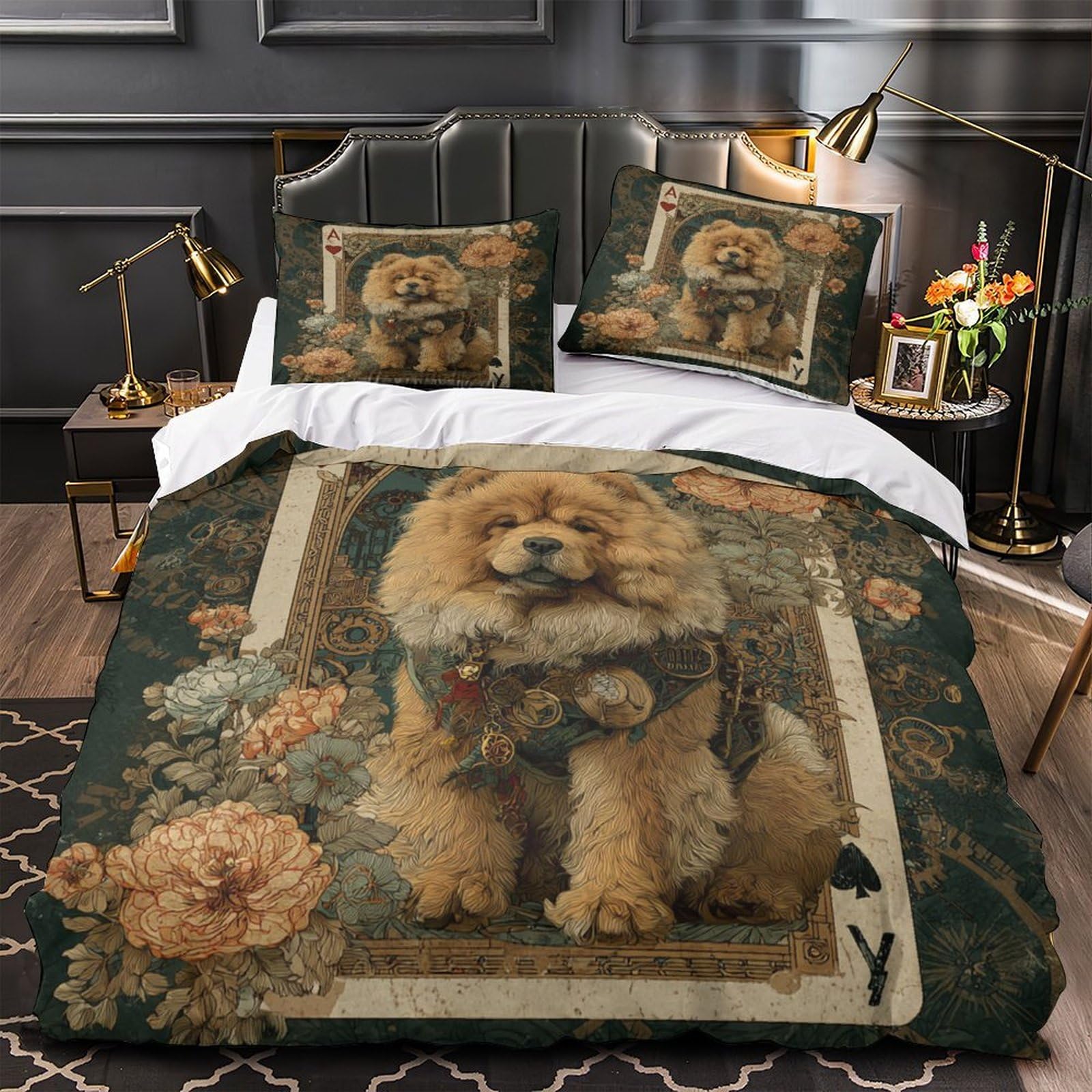 Housse de couette Chow-Chow 135x200 microfibre florale pour lit simple