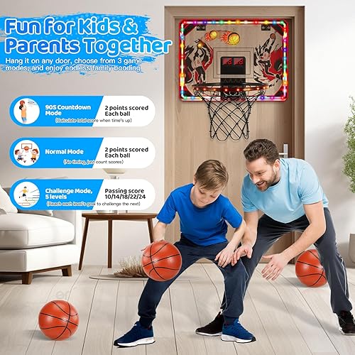 Miniatura 8 de Mini aro de baloncesto para interiores con luz LED y marcador, aro de baloncesto para niños con 6 modos de aro y luz de respiración y control