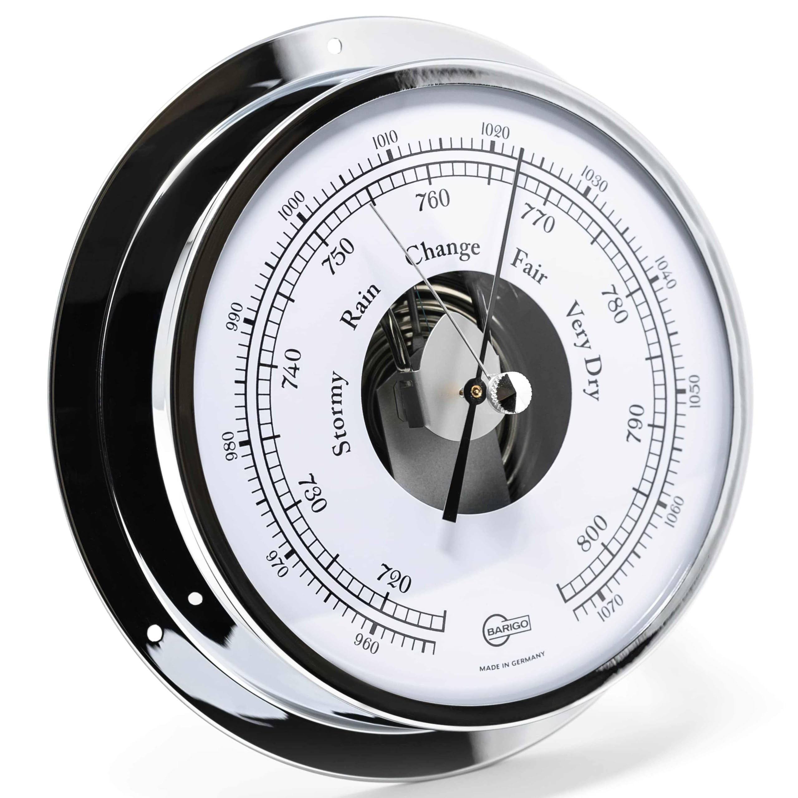 BARIGO 111CR VIKING Barometr okrętowy - 155 x 35 mm - z mosiężną, chromowaną obudową, metalową tylną ścianą - Wyprodukowano w Niemczech