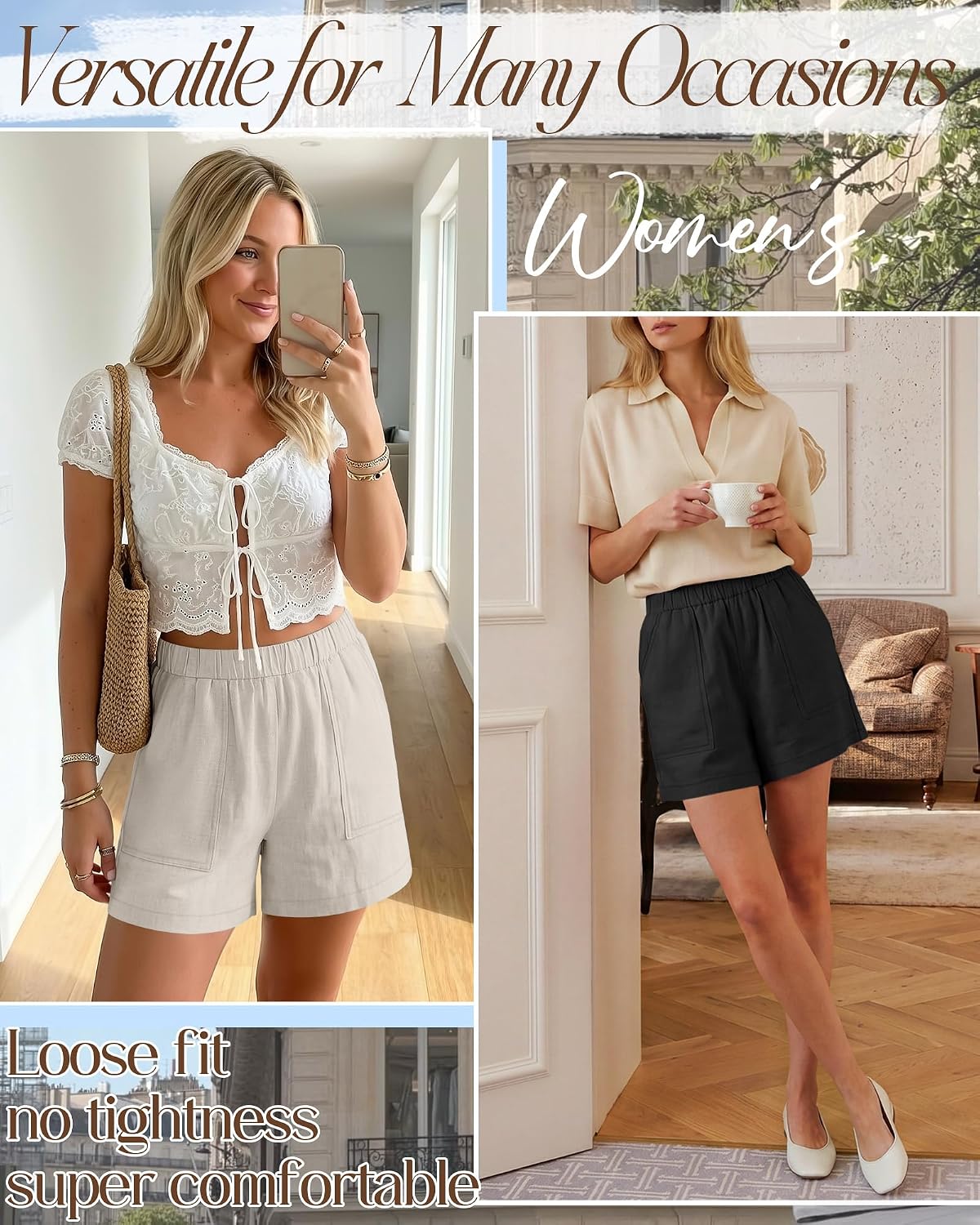 3 Pack Women's Linen Shorts Elastic Waist Lightweight Beach Shorts with Side Pockets Casual Summer Dressy