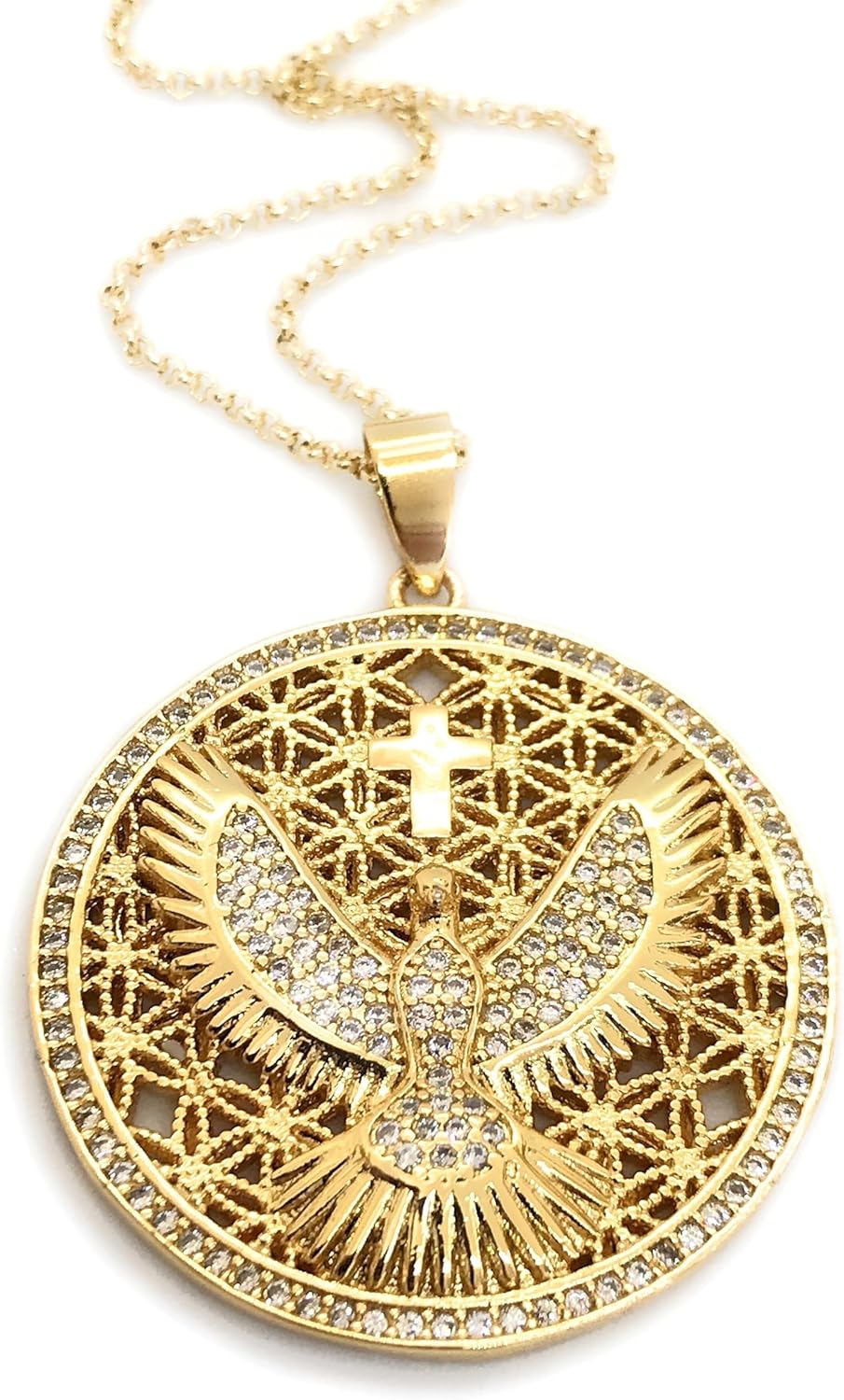 LESLIE BOULES Holy Spirit Medalion Pendant Necklace for Women 18K Gold Plated Chain