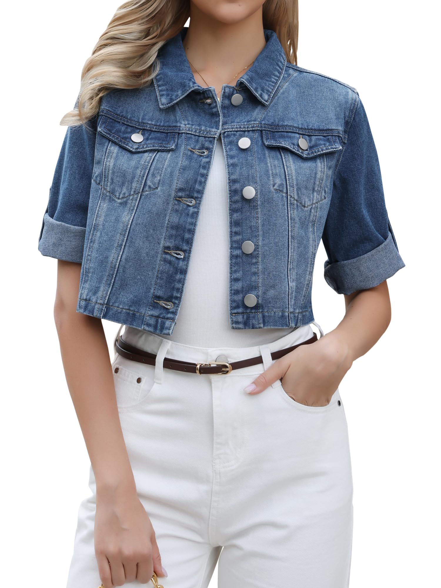 Allegra K Damen Kurze Jeansjacke mit Kragen