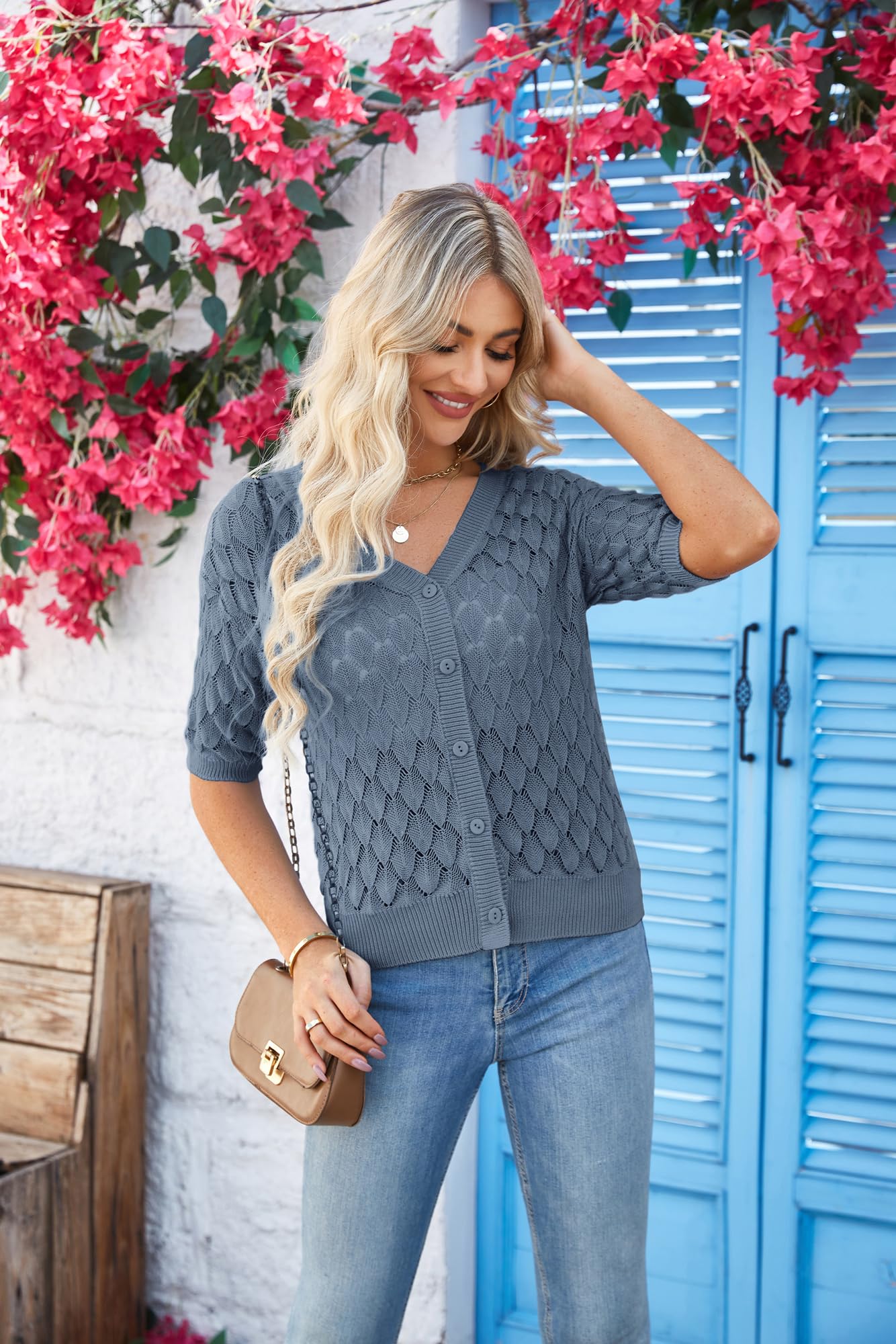 GRACE KARIN 2025 Cardigan à manches courtes et col en V pour femme en tricot ouvert sur le devant avec bouton au crochet
