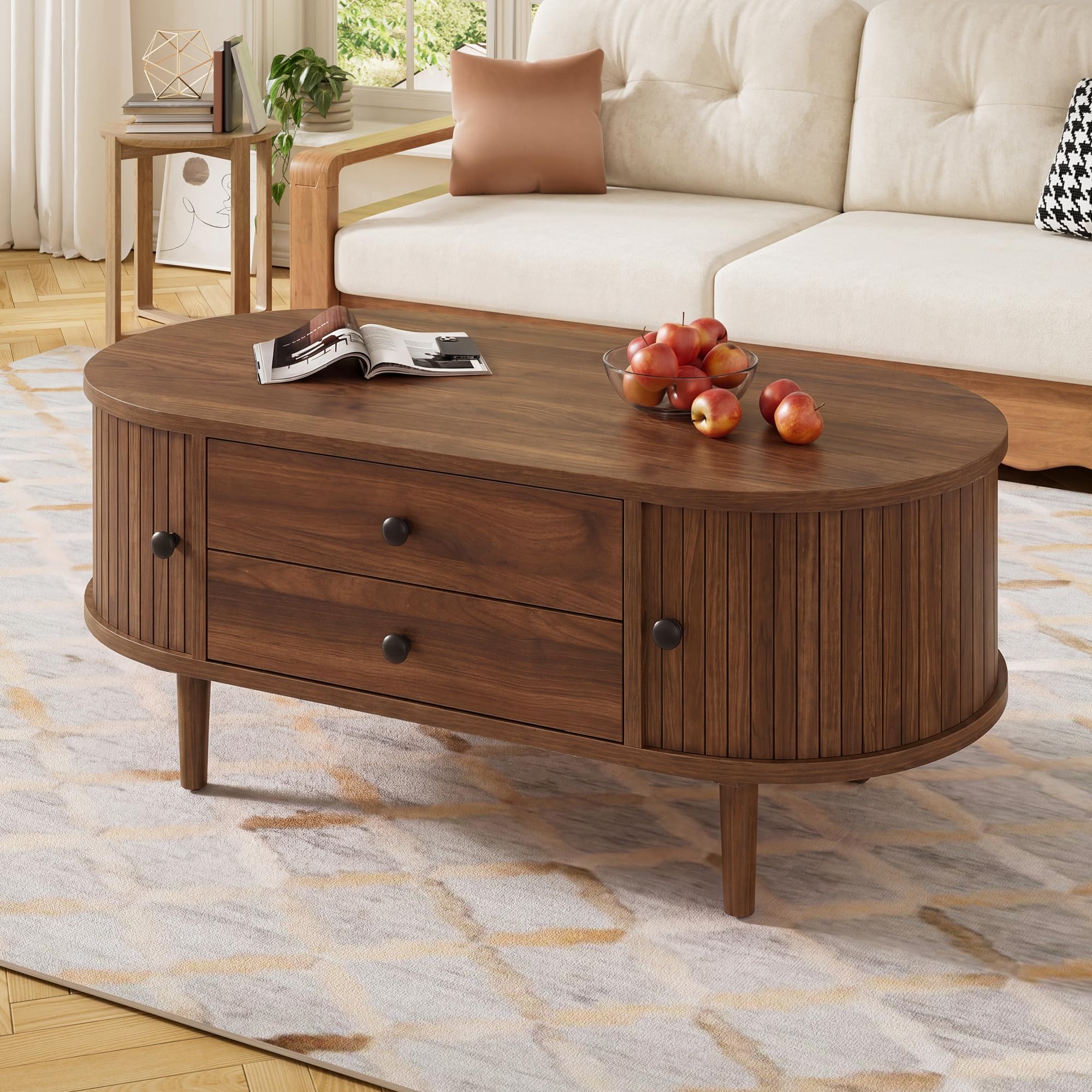 Merax Oval Coffee Table with Sliding Doors & Drawers, Walnut