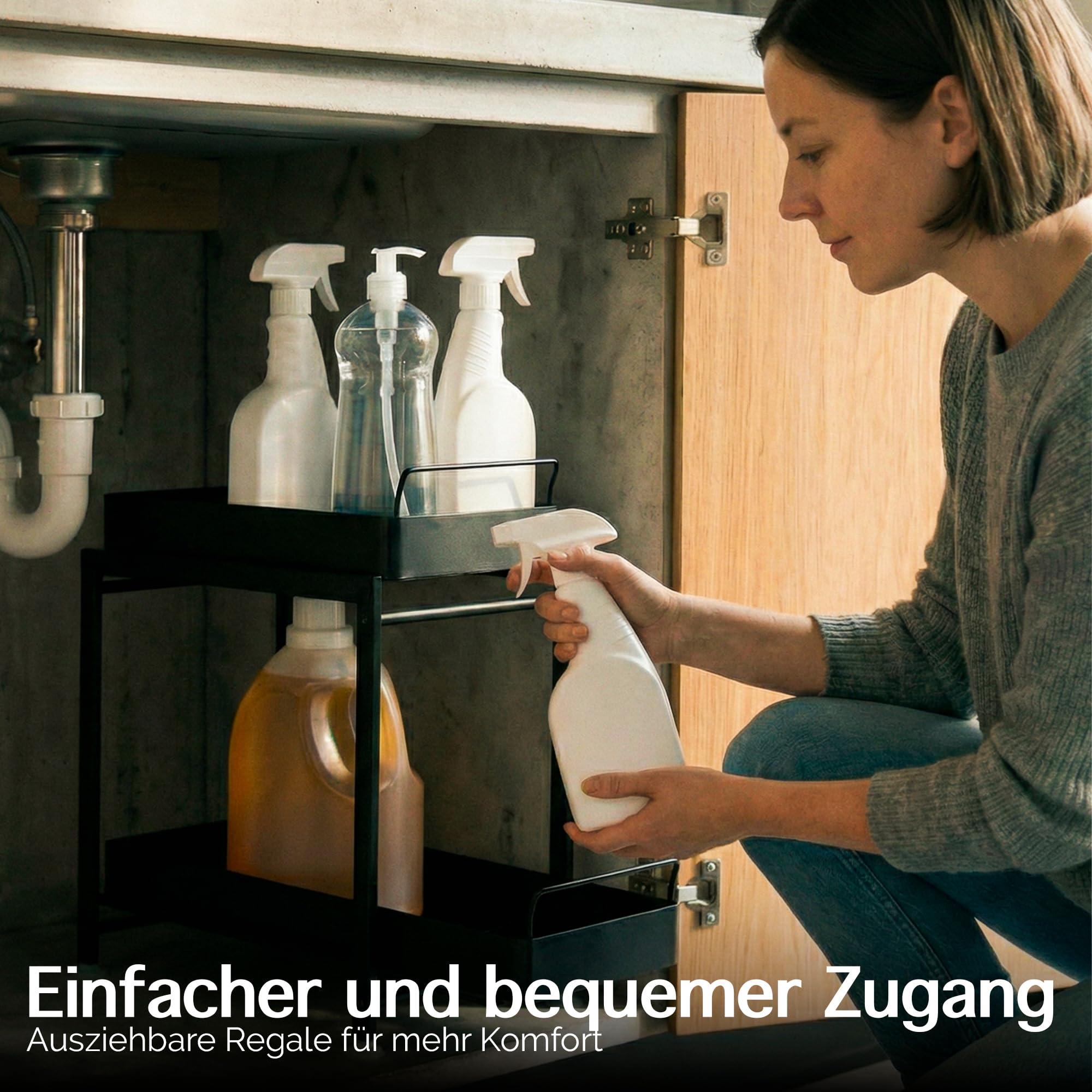 Spülenschrank Organizer 2 Etagen aus Metall Schwarz -Einfache Installation– Unterschrank Organizer für Küche und Bad – Stabiler Küchen Organizer unter der Spüle - Storage under sink