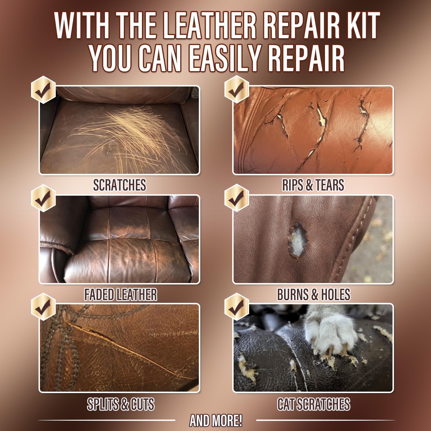ARCSSAI Brown Leather Repair Kit for Furniture,Leather Couch Repair Kit with Super Easy Instructions to Match Any Brown Color, Restores Any Material, Faux, Bonded, Genuine Leather