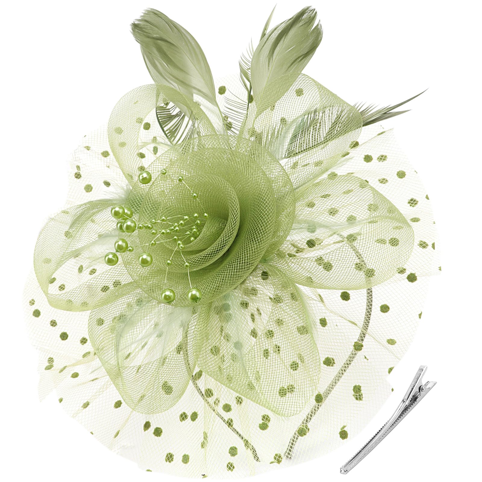 DRESHOW Fascinators Hat Flower Mesh Ribbons Feathers on a Headband and a Clip Tea Party Headwear for Girls and Women