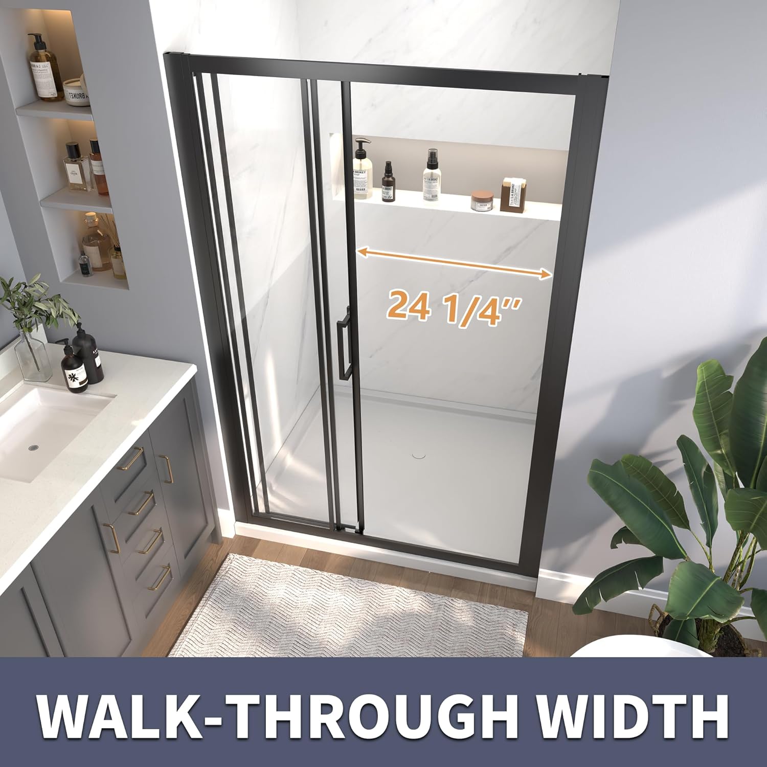 44-48 x 70 Inch Tri-Fold Sliding Shower Door, 1/4" 6mm Clear SGCC Tempered Glass Matte Black Shower Door, 24 1/4" Walk-in Width, Soft-Closed, Reversible Installation, Easy to Clean, Stainless Handle
