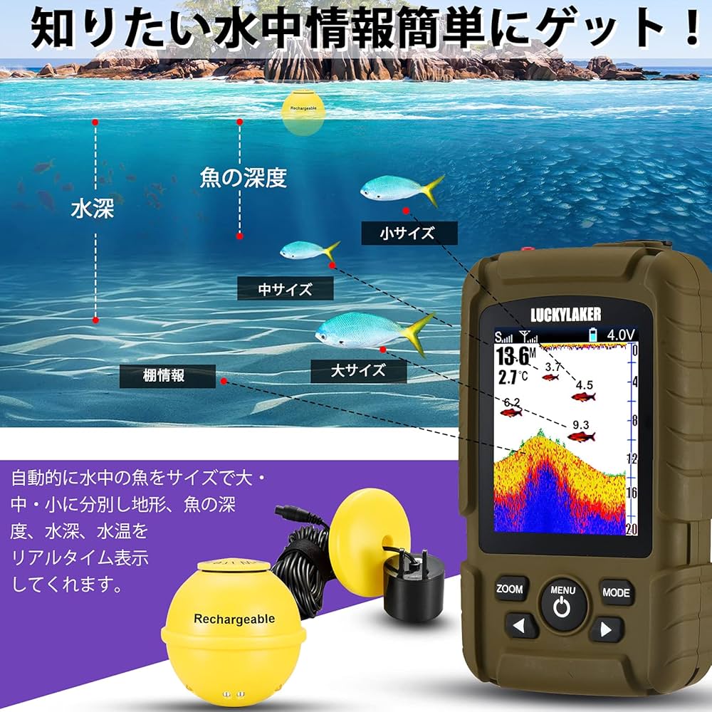 Amazon | LUCKYLAKER ワイヤレス 海釣り ポータブル 魚群探知機