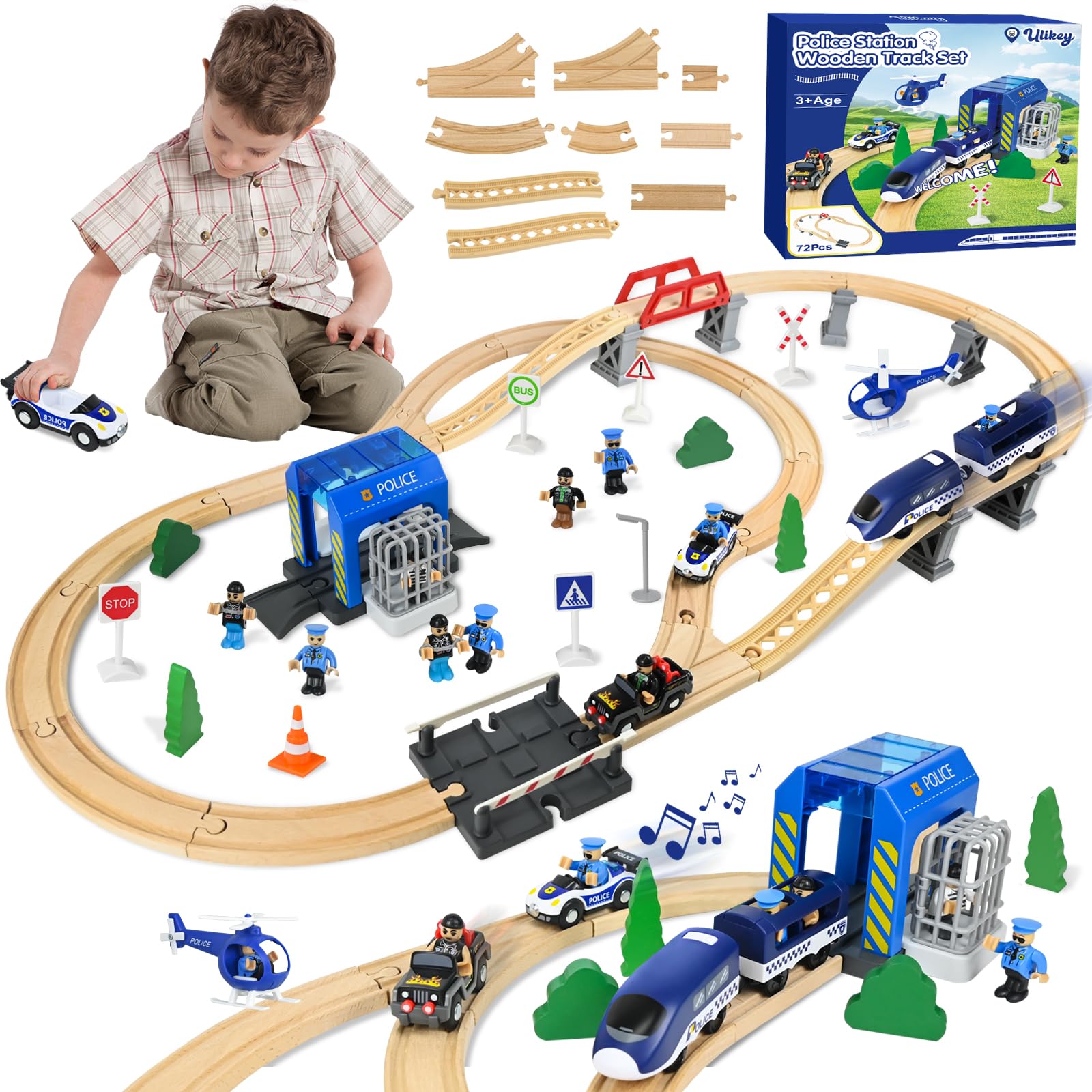 Ulikey Tren de Madera para Niños, 72 Piezas Juego de Tren de Madera con Tema de Policías y Ladrones, Kit de Ferrocarril de Juguete Regalo para Niños y Niñas