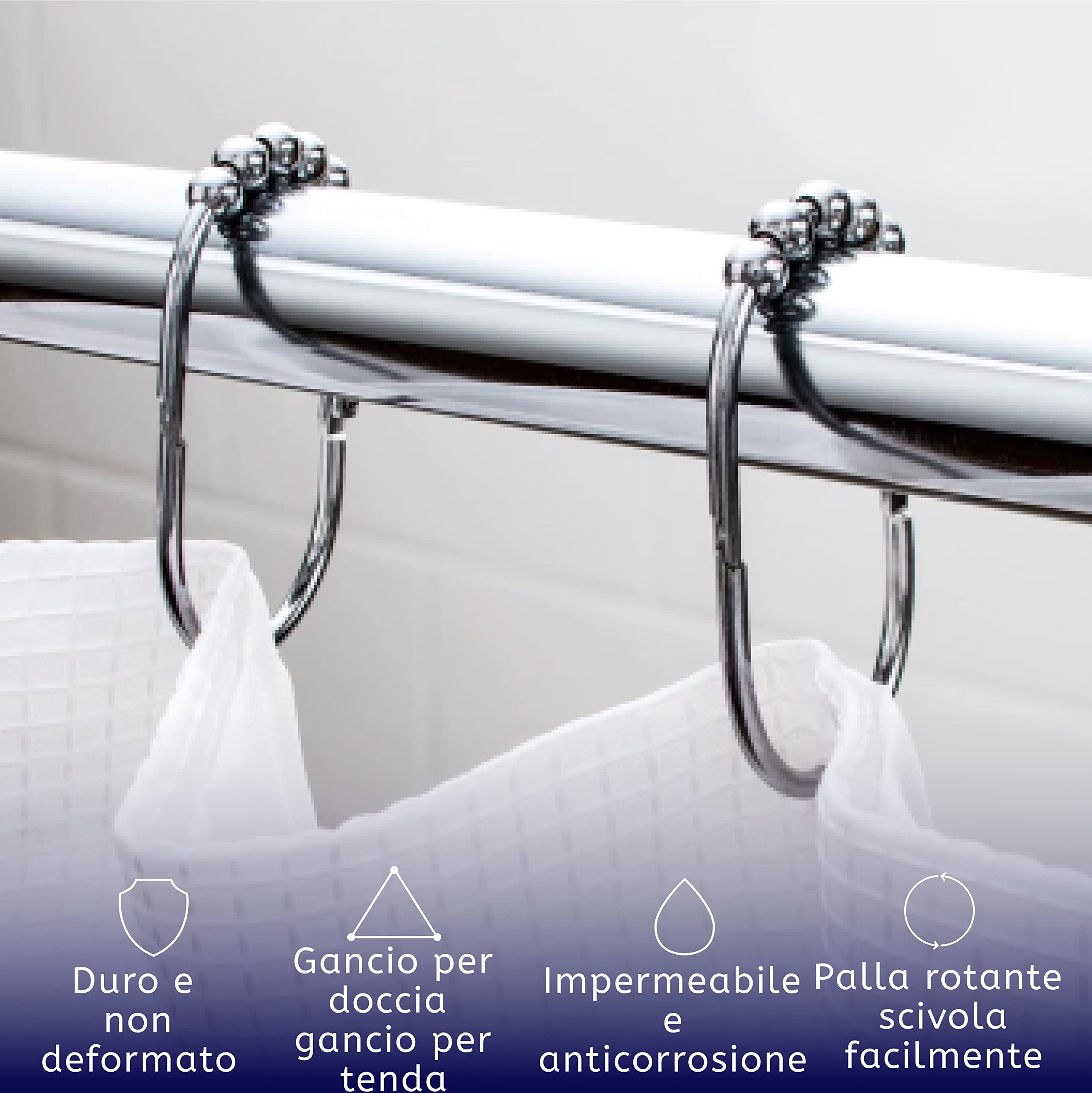 2 Lb. Depot Set di anelli/ganci per tende da doccia larghi, finitura cromata lucida decorativa, rulli Easy Glide, 100% acciaio inossidabile antiruggine, set di 12 anelli