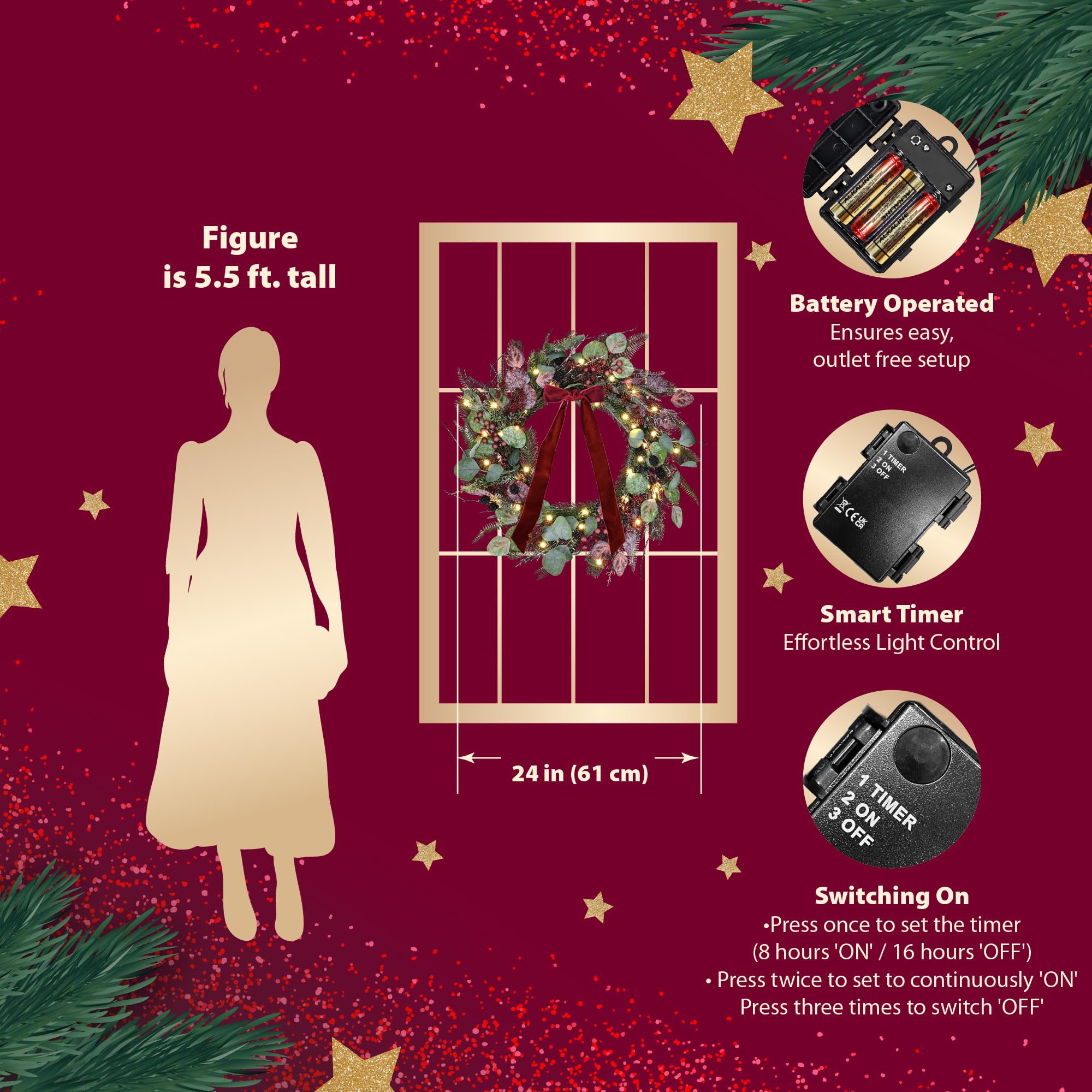 Couronne de Noël artificielle, 61 cm pré-éclairée avec 50 lumières LED, nœud bordeaux, eucalyptus, sprays rouges, baies noires