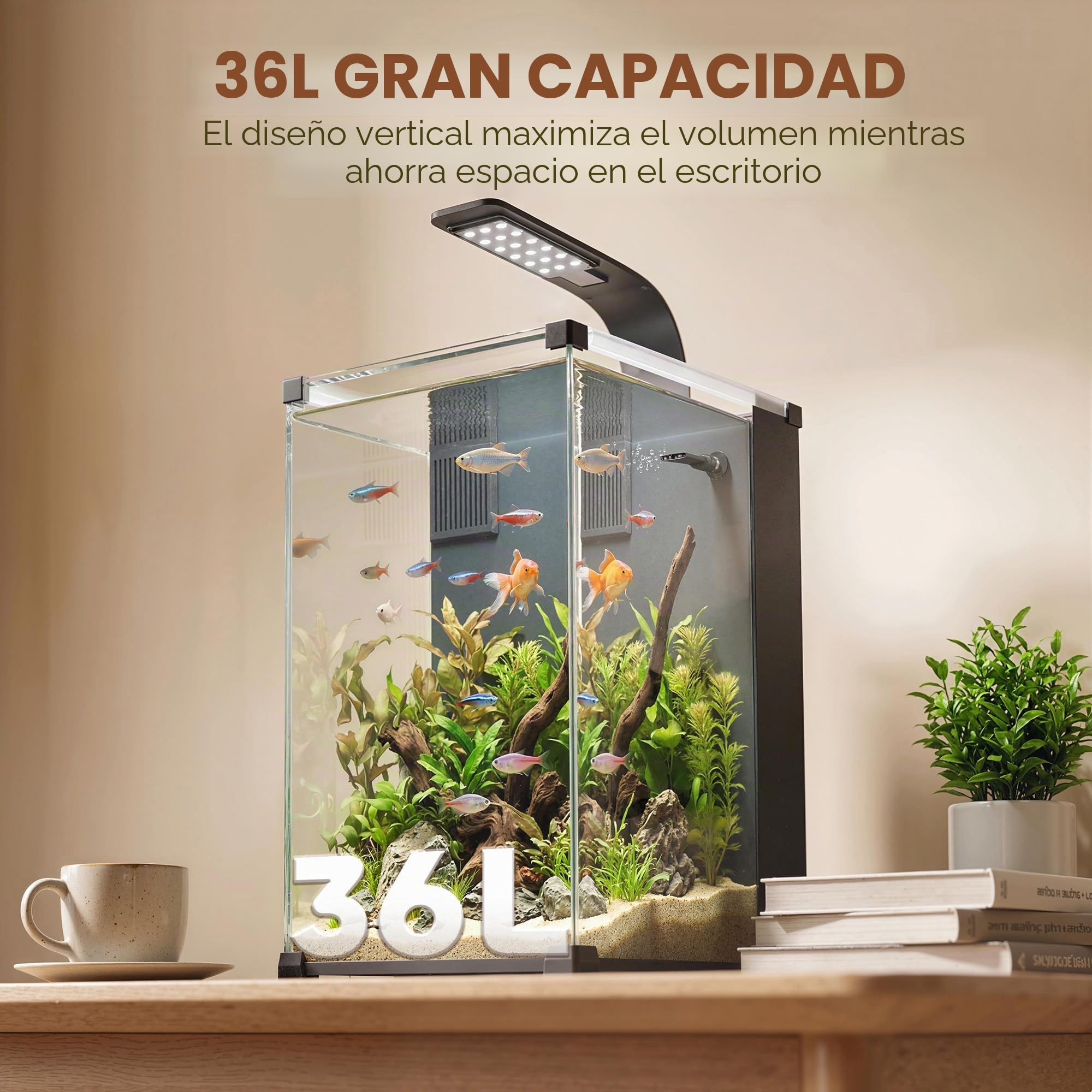 PawHut - Acuario de cristal templado completo de 36 L, nano acuario con filtro integrado, bomba de 5 W e iluminación LED, kit de acuario principiante para peces y plantas de 30 x 30 x 45 cm, color