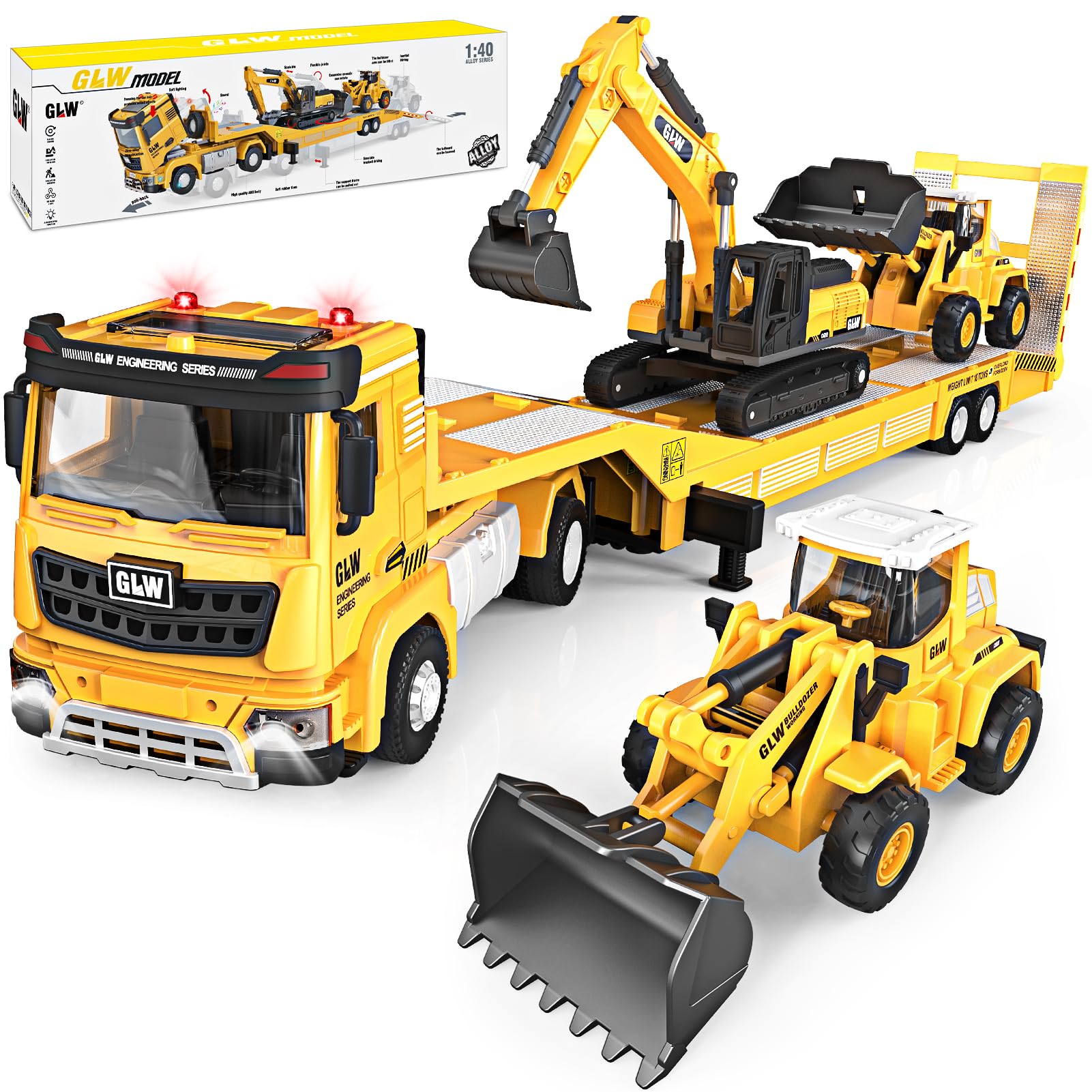 Spielzeug ab 3 Jahren Junge: Kinderspielzeug LKW mit Bagger, Bulldozer, Langen Baustellenfahrzeugen Autotransporter Lastwagen mit Licht und Sound, Kindergeschenke für Jungen ab 3 4 5 6 7 Jahren