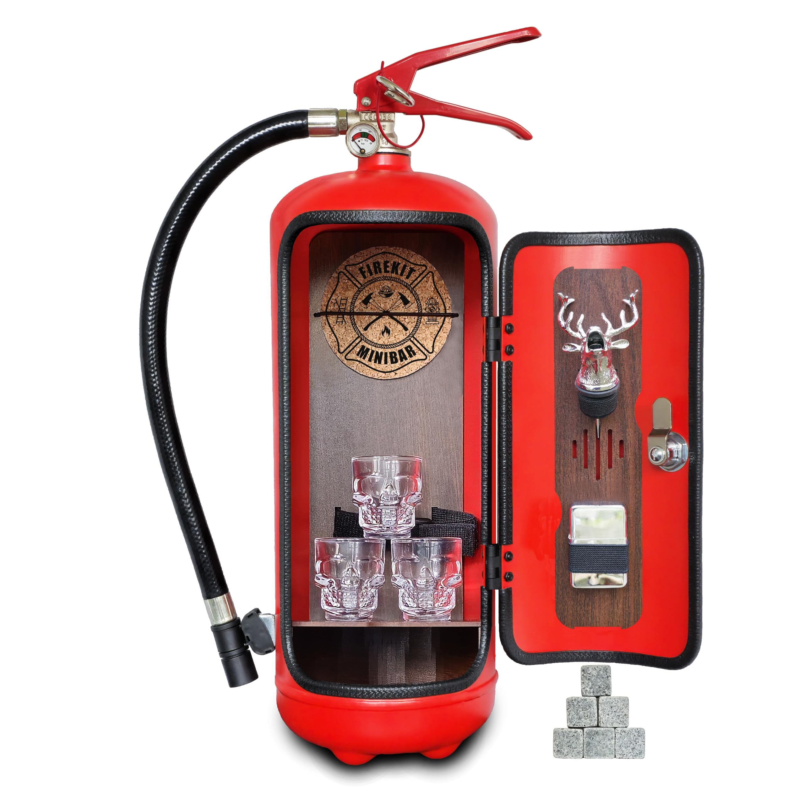 Feuerlöscher Minibar FEUERWEHRLER mit 7-teiligem Zubehör-Set inkl. 3 Schnapsgläser, Whiskysteine, Schnapsausgießer, Feuerzeug und Korkuntersetzer