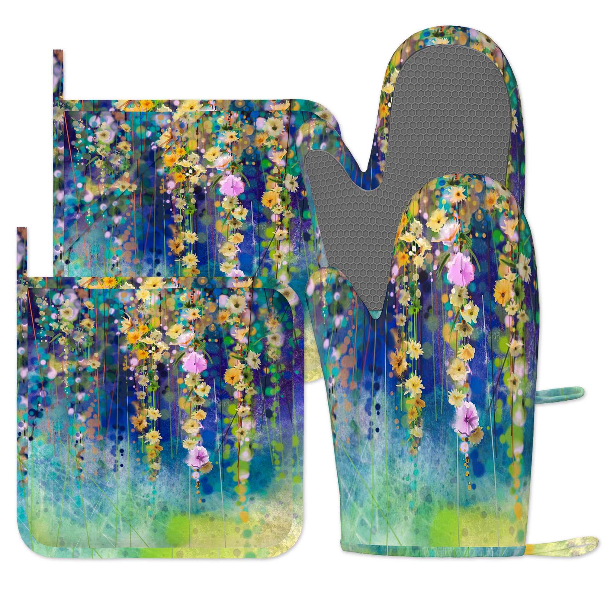 Bilangce Floral Watercolor Oven Mitts And Pot Holders Sets, Oven Gloves Heat Resistant, Cute Baker Stuff, Chef Cooking Baking Gifts For Bakers, Kitchen Gifts For Cooking Lover Cooks Mom