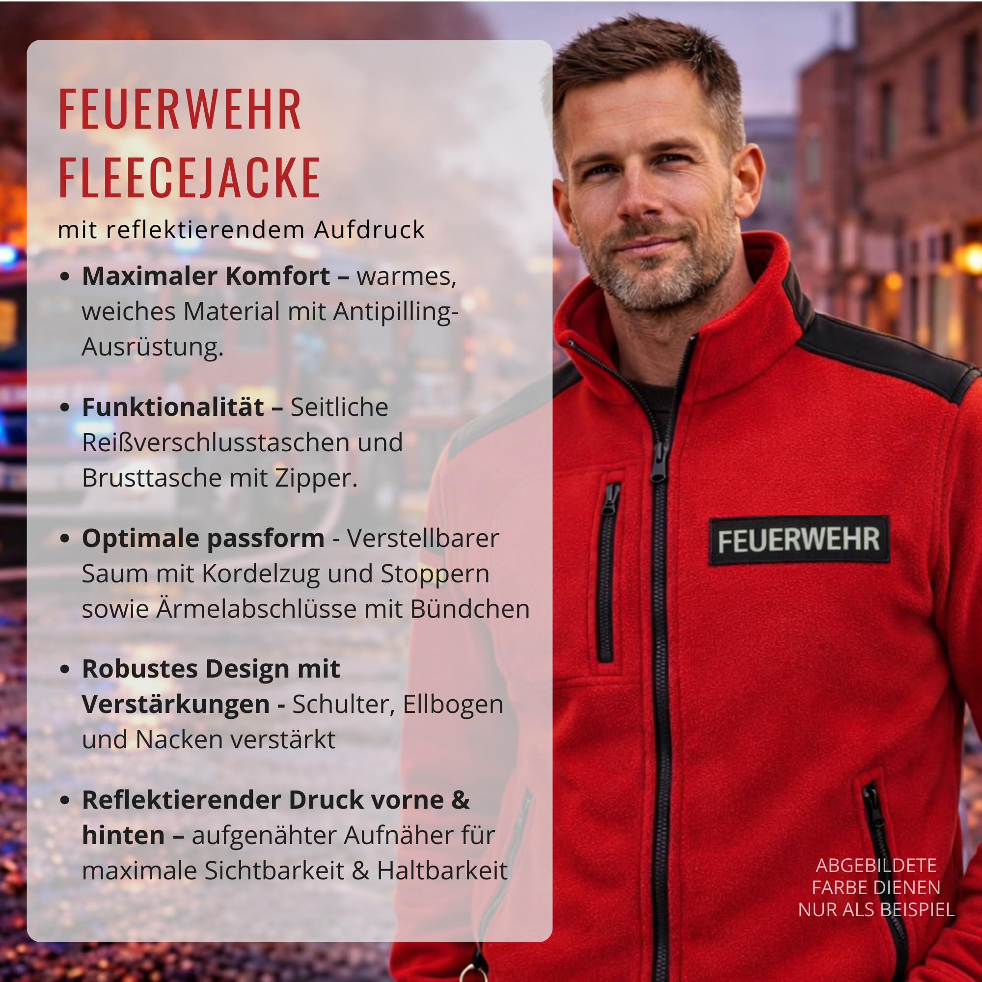LOCO Feuerwehr Fleecejacke Herren – warme Einsatzjacke mit Reißverschluss, Verstärkungen, reflektierendem Druck vorne und hinten, Sweatjacke bedruckt mit Reflexsilber