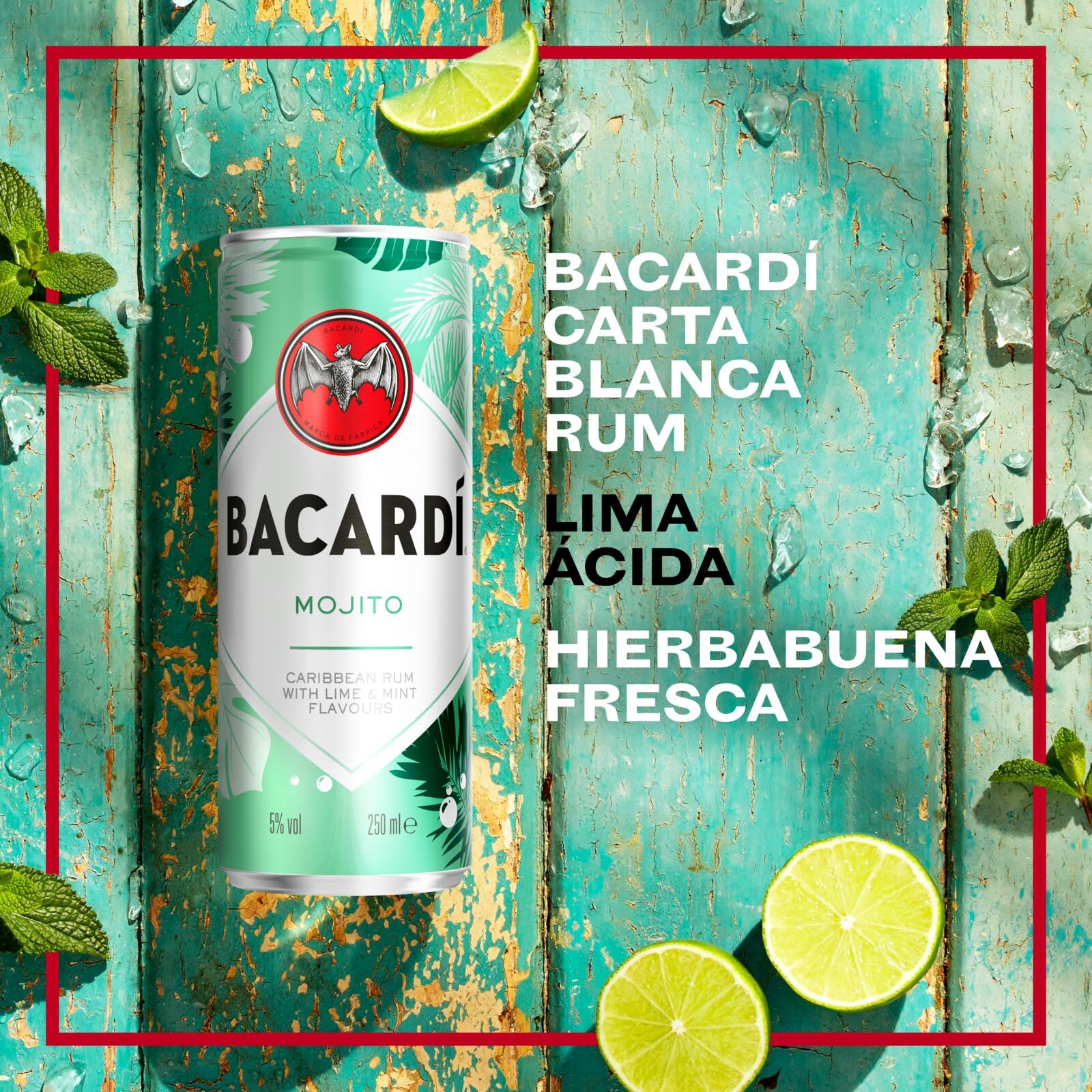 BACARDÍ Mojito es un cóctel enlatado, ALC. 5%, 12 x 25 cl / 250 ml, listo para beber, elaborado con ron BACARDÍ Carta Blanca y mezclado con lima y hierbabuena