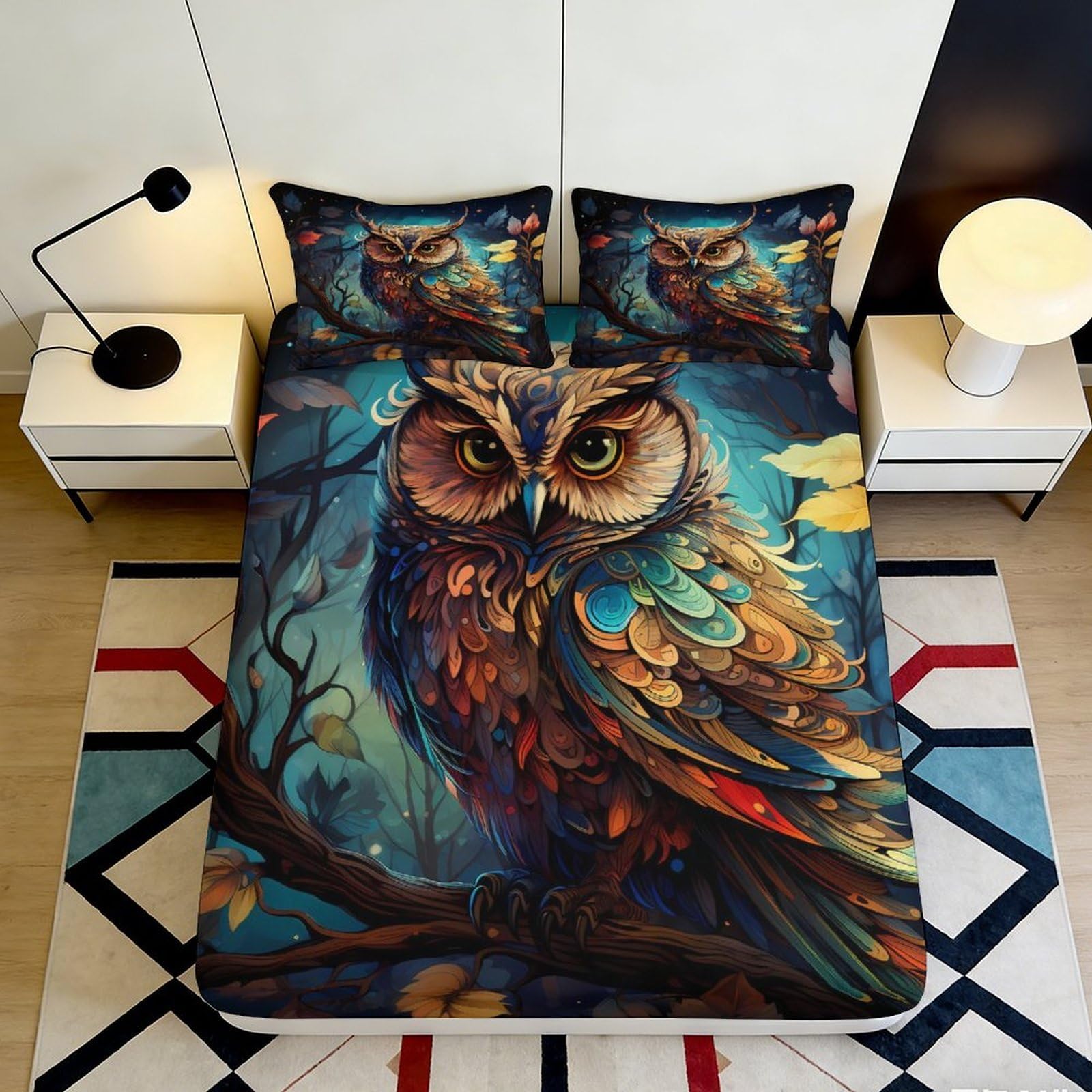 3D Printed Colorful Owl Fitted Sheet Microfiber Soft Breathable Forest Pattern Mattress Cover for Bedroom Dormitory Guest Room Decor Protection 200x200x25cm