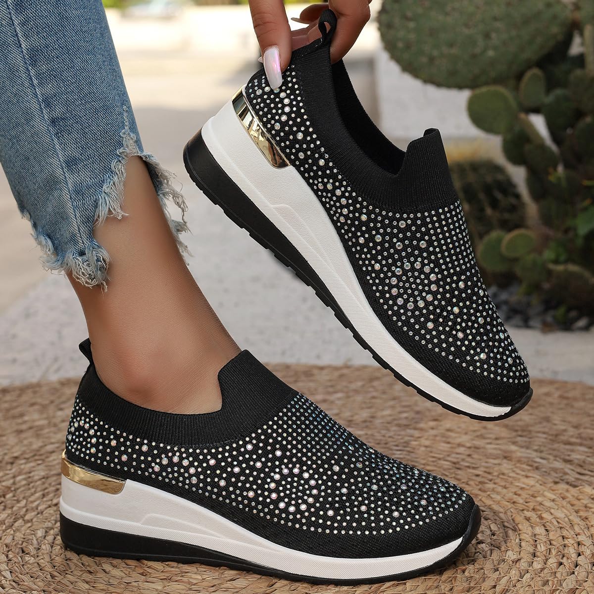 Scarpe da ginnastica da donna con zeppa e strass, alla moda, traspiranti, casual, con zeppa e strass, scarpe da ginnastica con zeppa scintillante